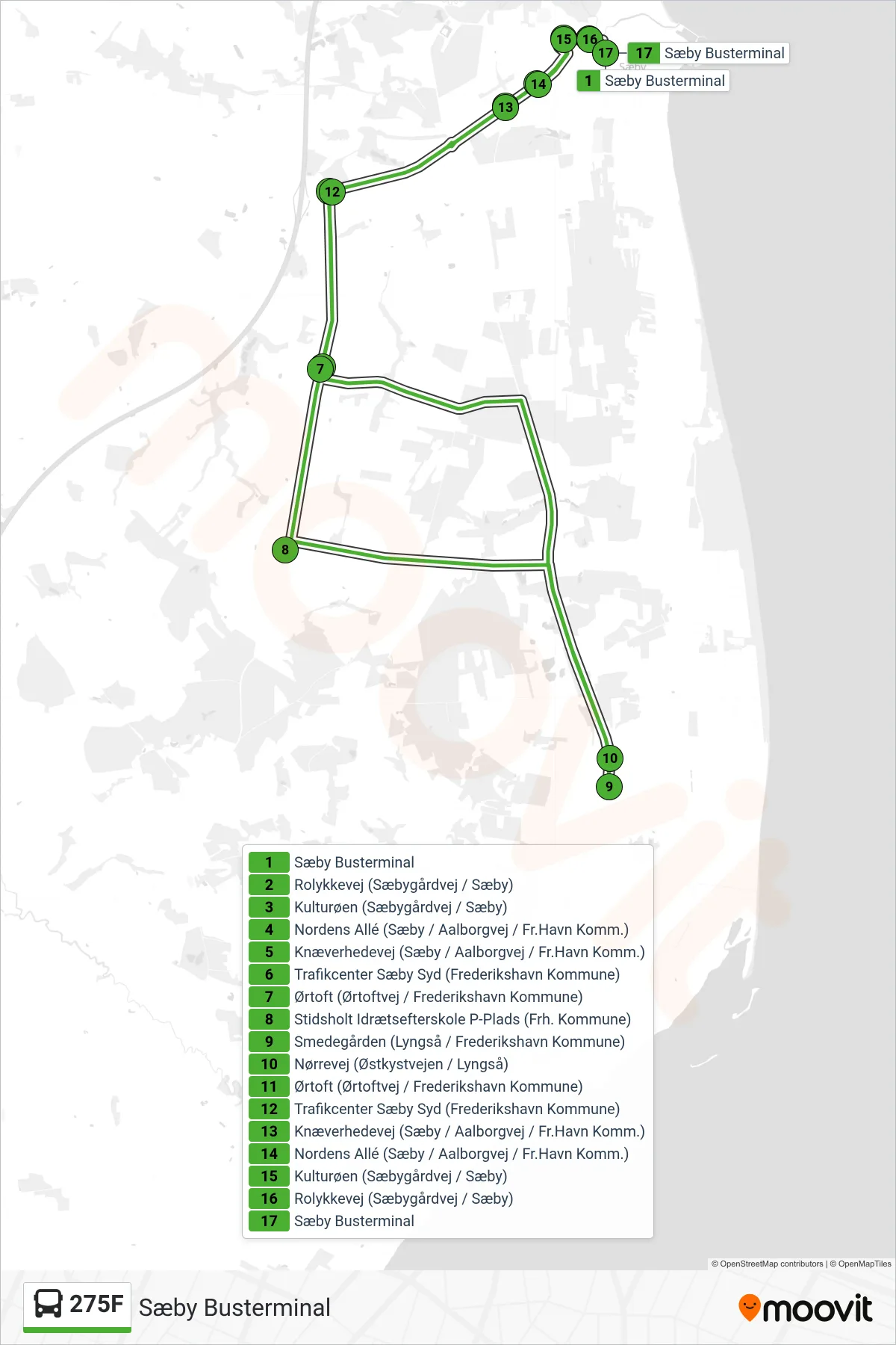 275F bus Linje (Sæby Busterminal) rute og stop på et kort