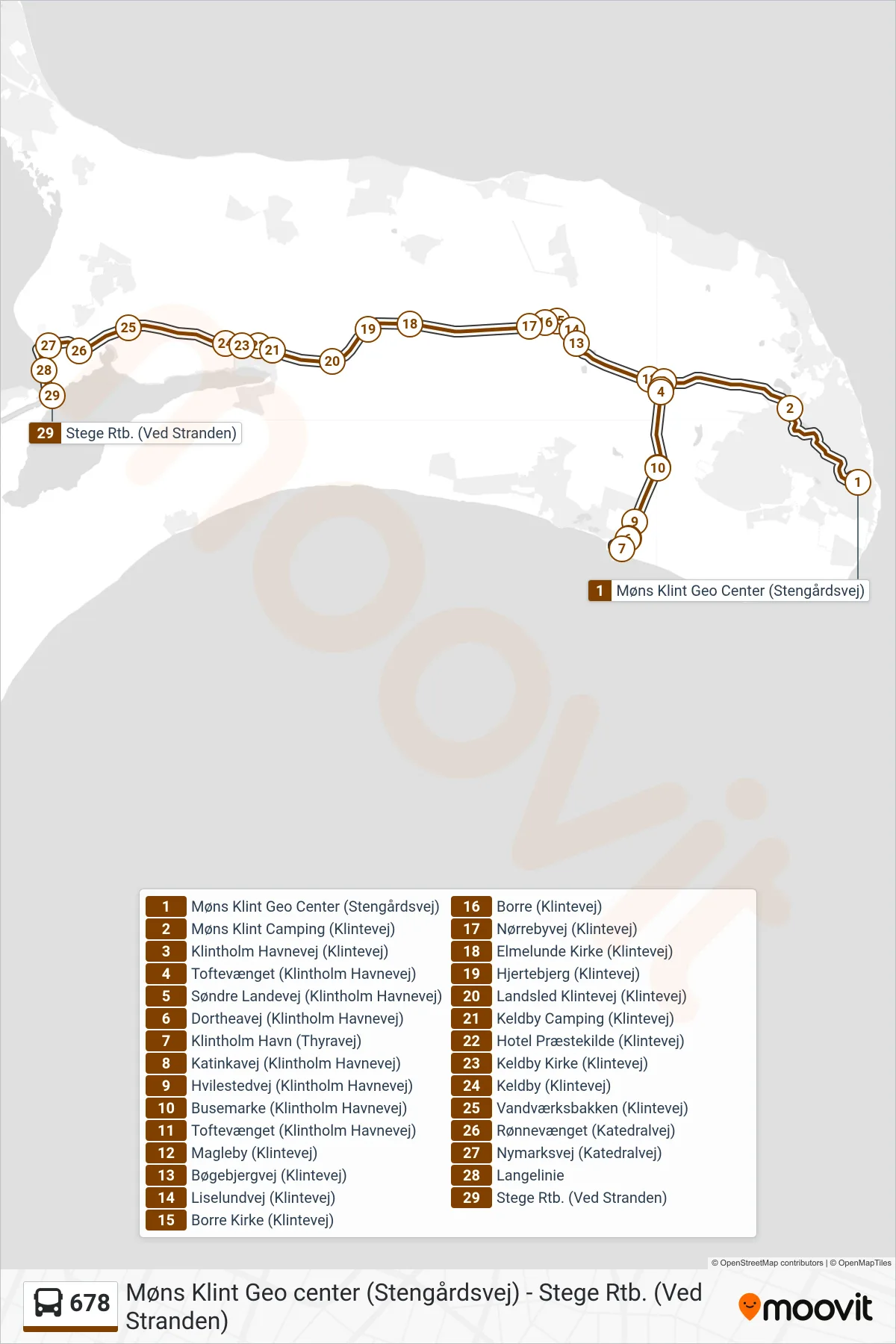678 bus Linje (Stege) rute og stop på et kort