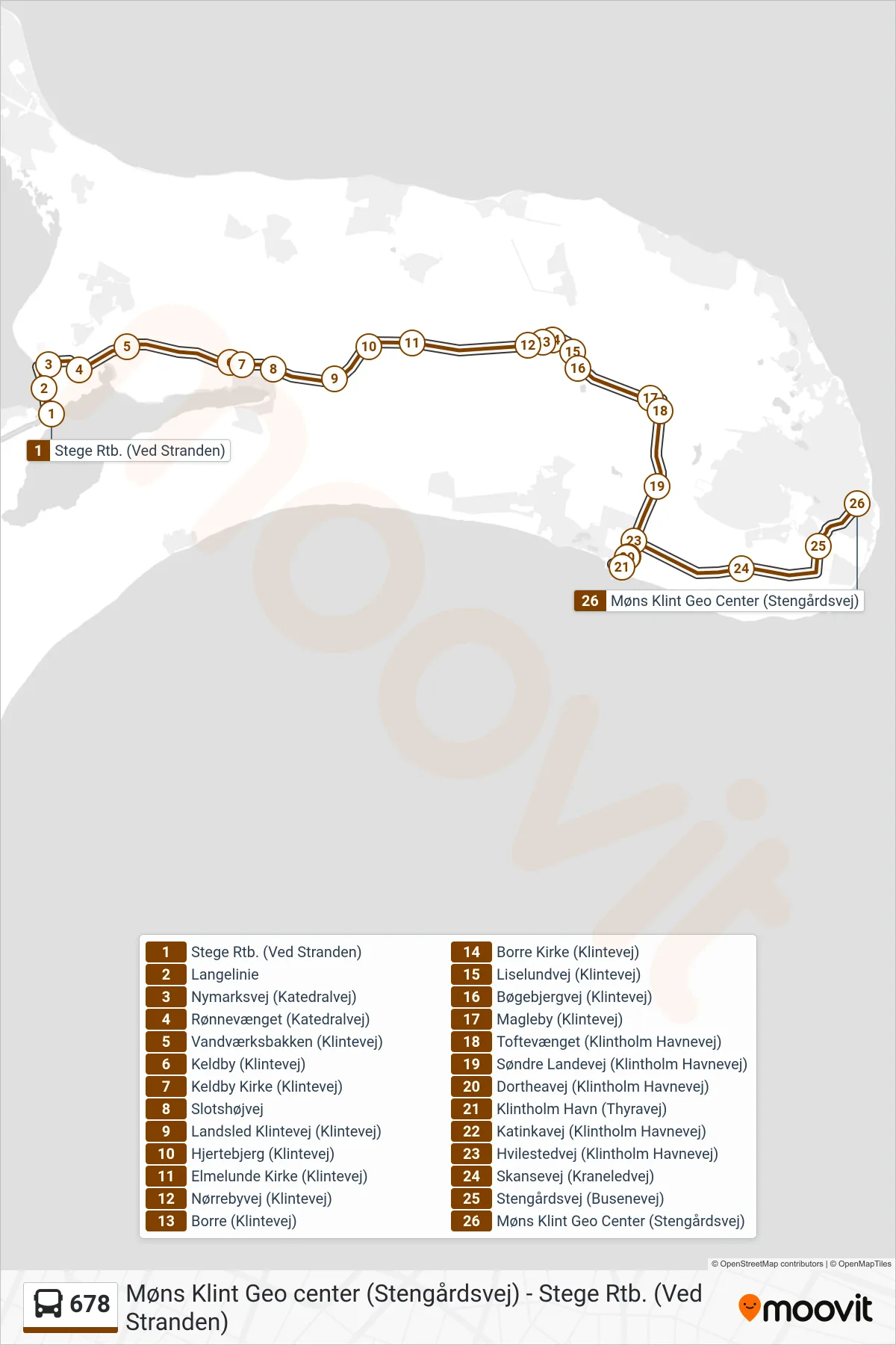 678 bus Linje (Møns Klint Liselund Slot - Geocenter) rute og stop på et kort