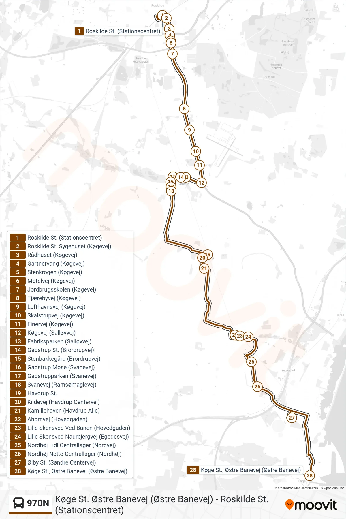 970N bus Linje (Køge St. Østre Banevej) rute og stop på et kort