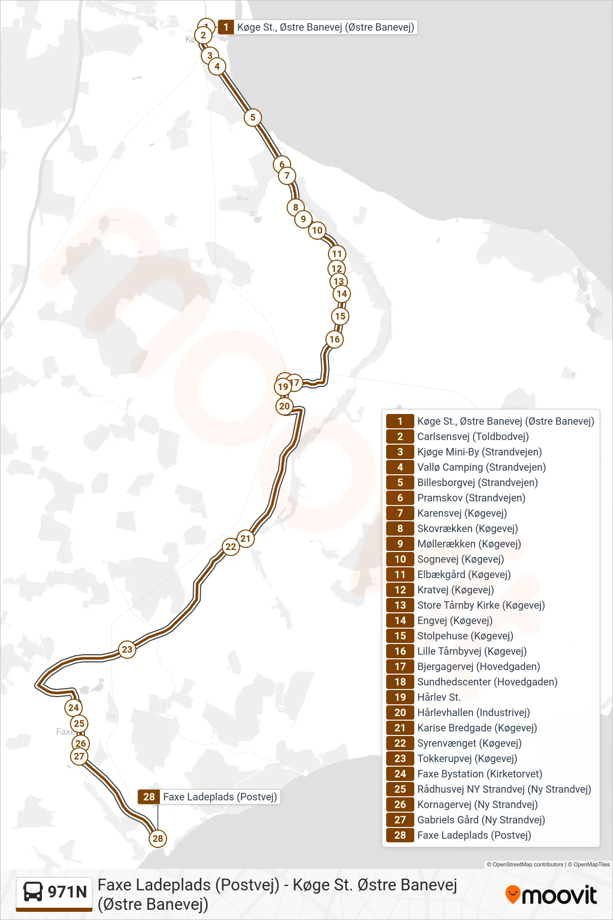971N bus Linje (Faxe Ladeplads) rute og stop på et kort