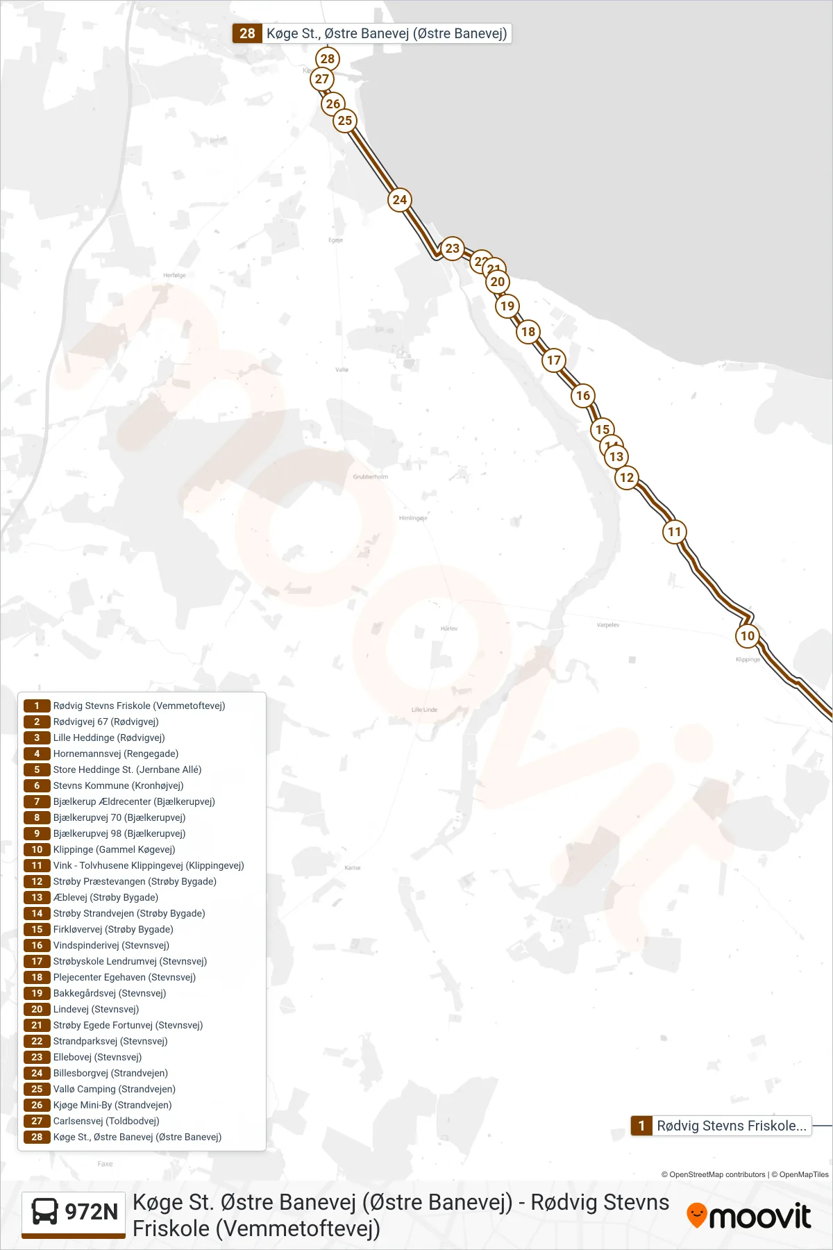 972N bus Linje (Køge St. Østre Banevej) rute og stop på et kort