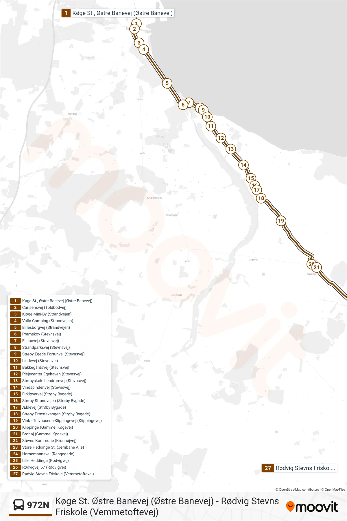 972N bus Linje (Rødvig St.) rute og stop på et kort
