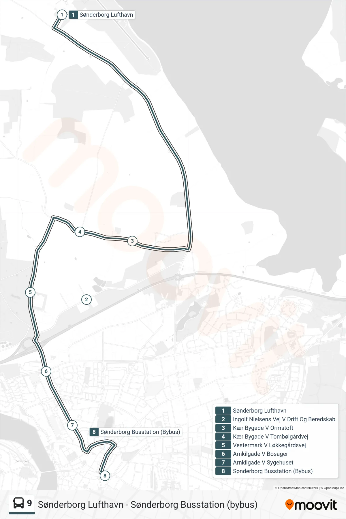 9 bus Linje (Busstationen) rute og stop på et kort
