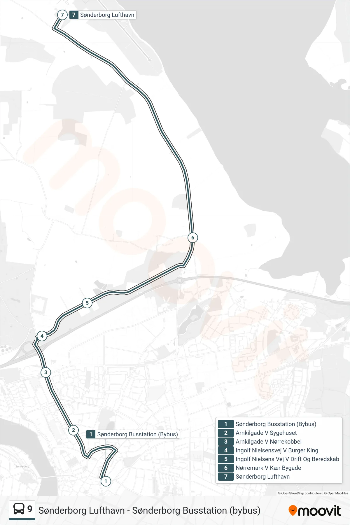 9 bus Linje (Sønderborg Lufthavn) rute og stop på et kort