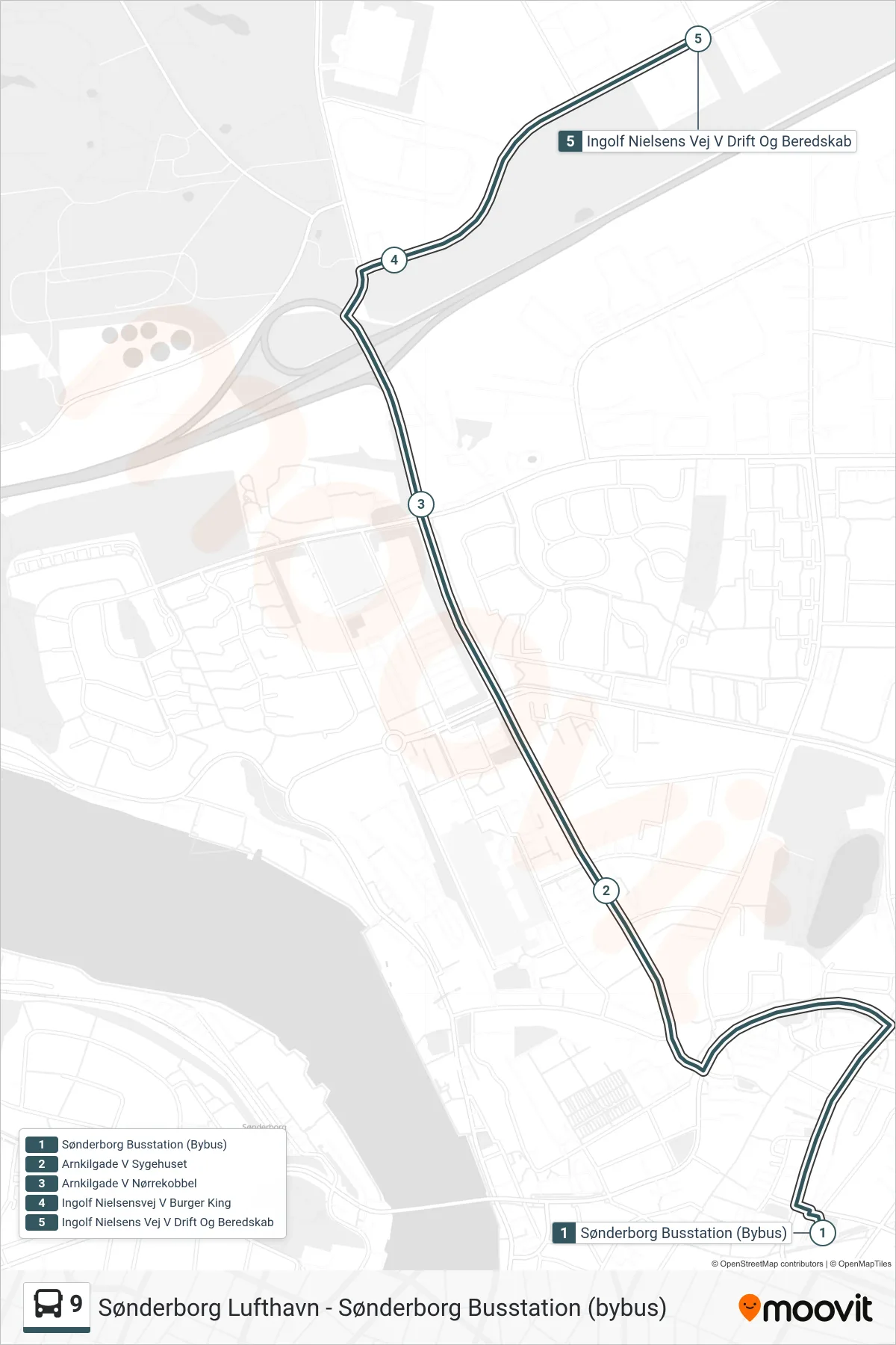 9 bus Linje (Ingolf Nielsensvej V Drift Og Beredskab) rute og stop på et kort