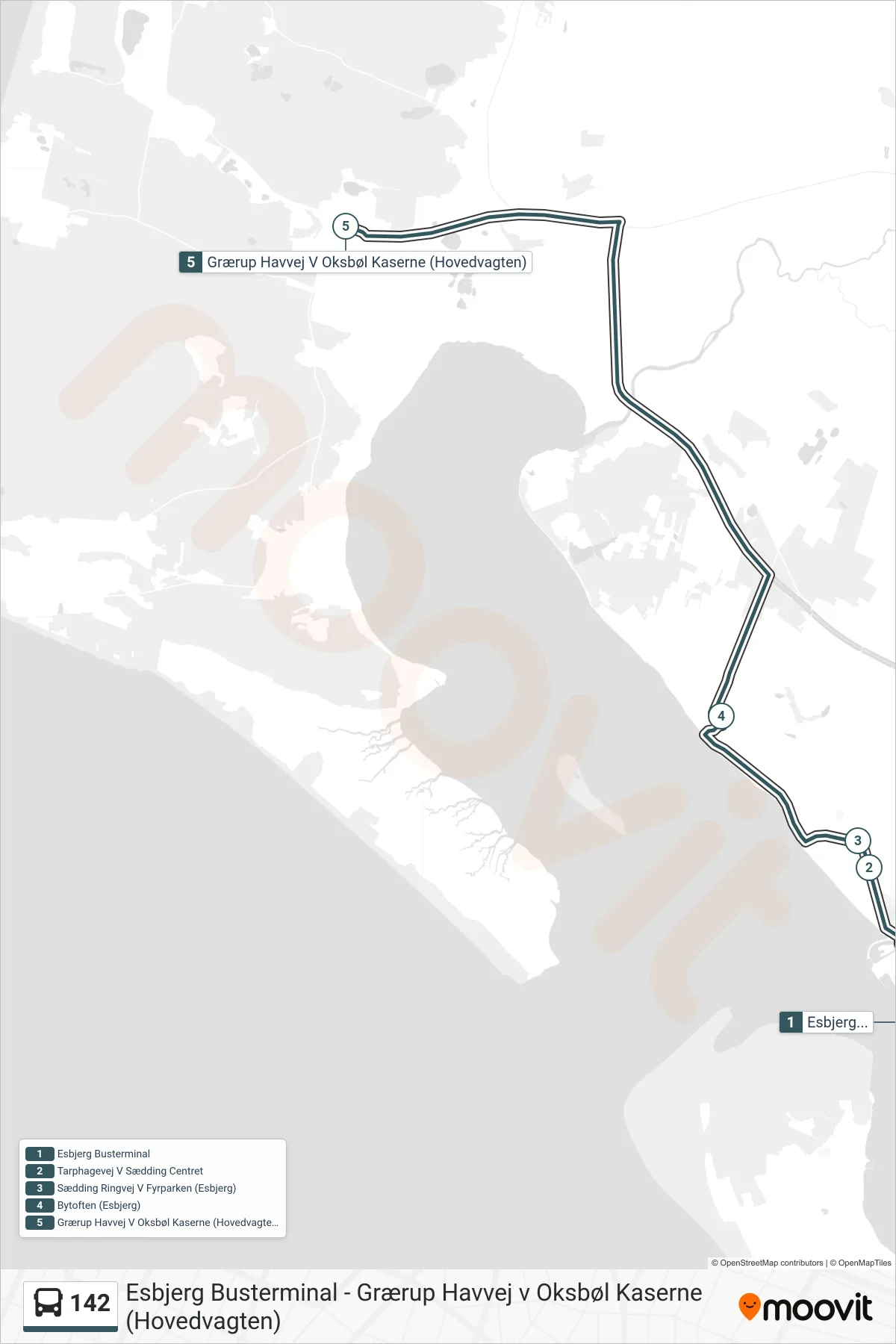 142 bus Linje (Grærup Havvej V Oksbøl Kaserne (Hovedvagten)) rute og stop på et kort
