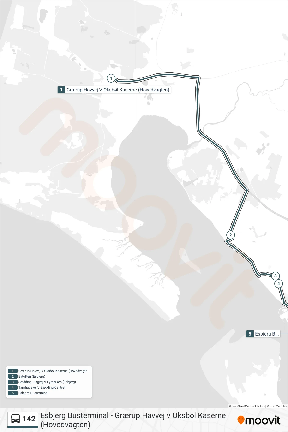 142 bus Linje (Esbjerg Busterminal) rute og stop på et kort