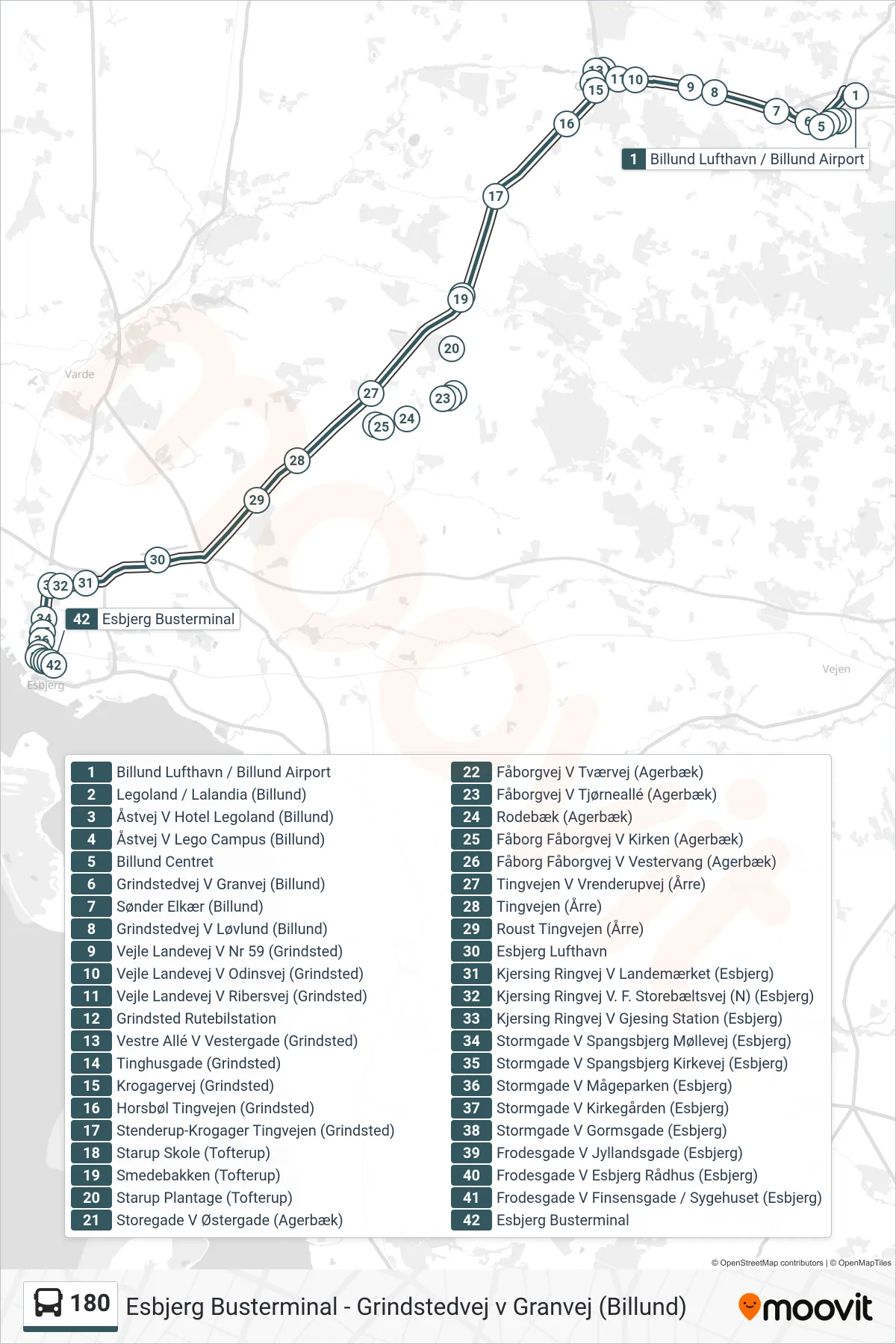 180 bus Linje (Esbjerg Busterminal) rute og stop på et kort
