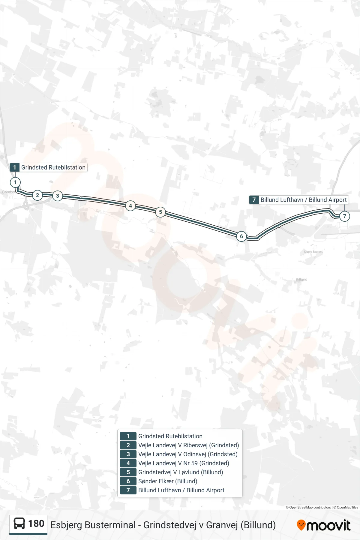 180 bus Linje (Billund) rute og stop på et kort