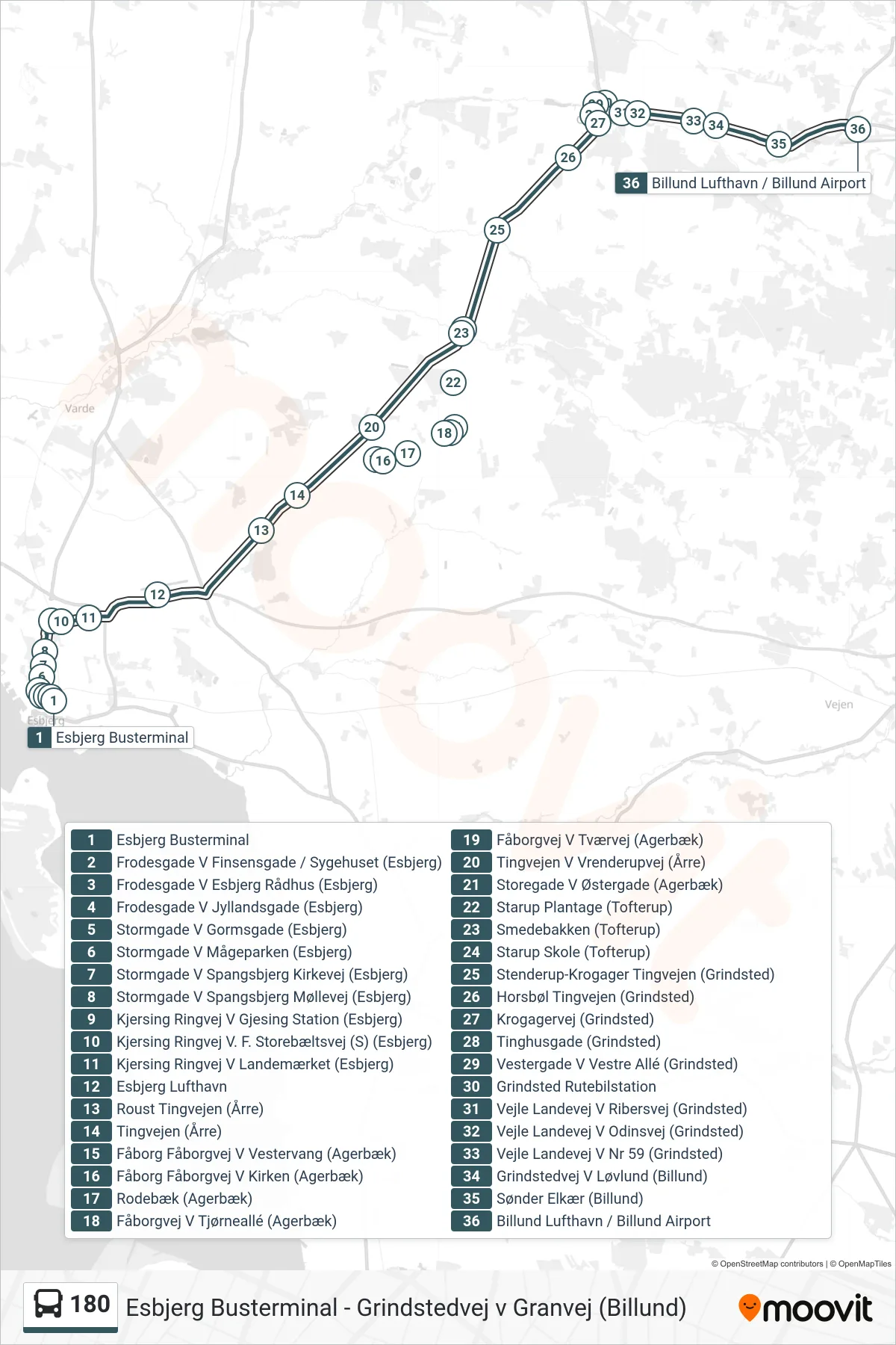 180 bus Linje (Billund Lufthavn / Billund Airport (Bus)) rute og stop på et kort