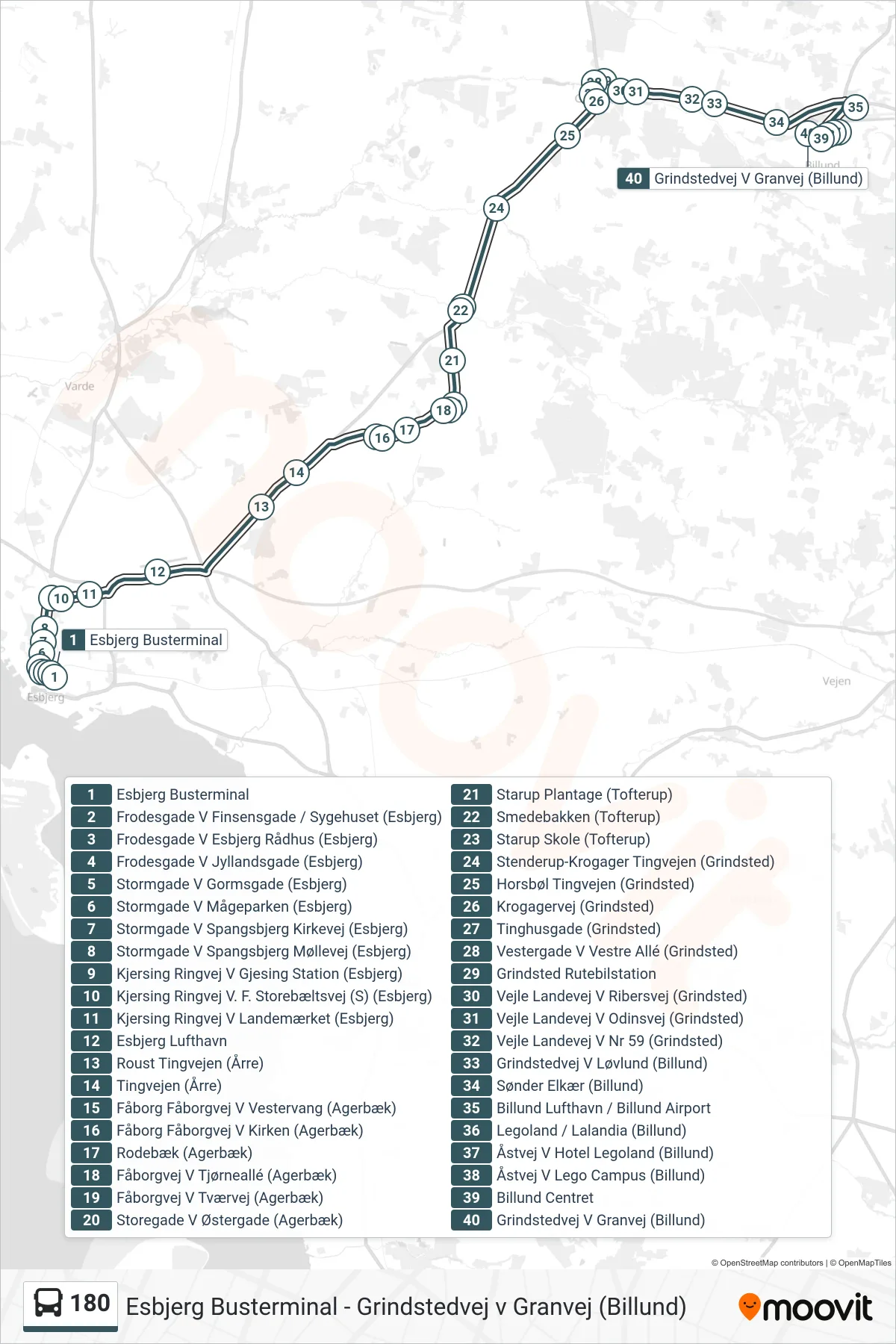 180 bus Linje (Grindstedvej V Granvej (Billund)) rute og stop på et kort