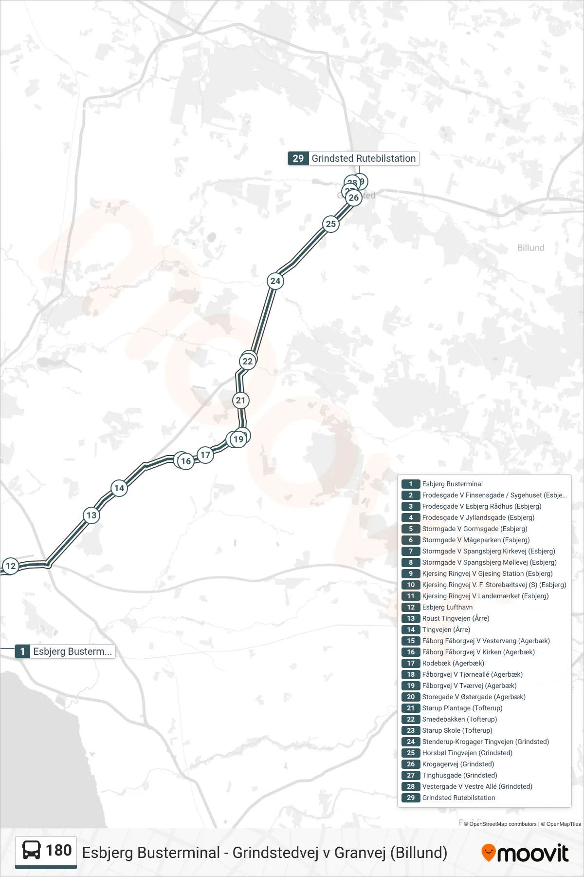 180 bus Linje (Grindsted) rute og stop på et kort