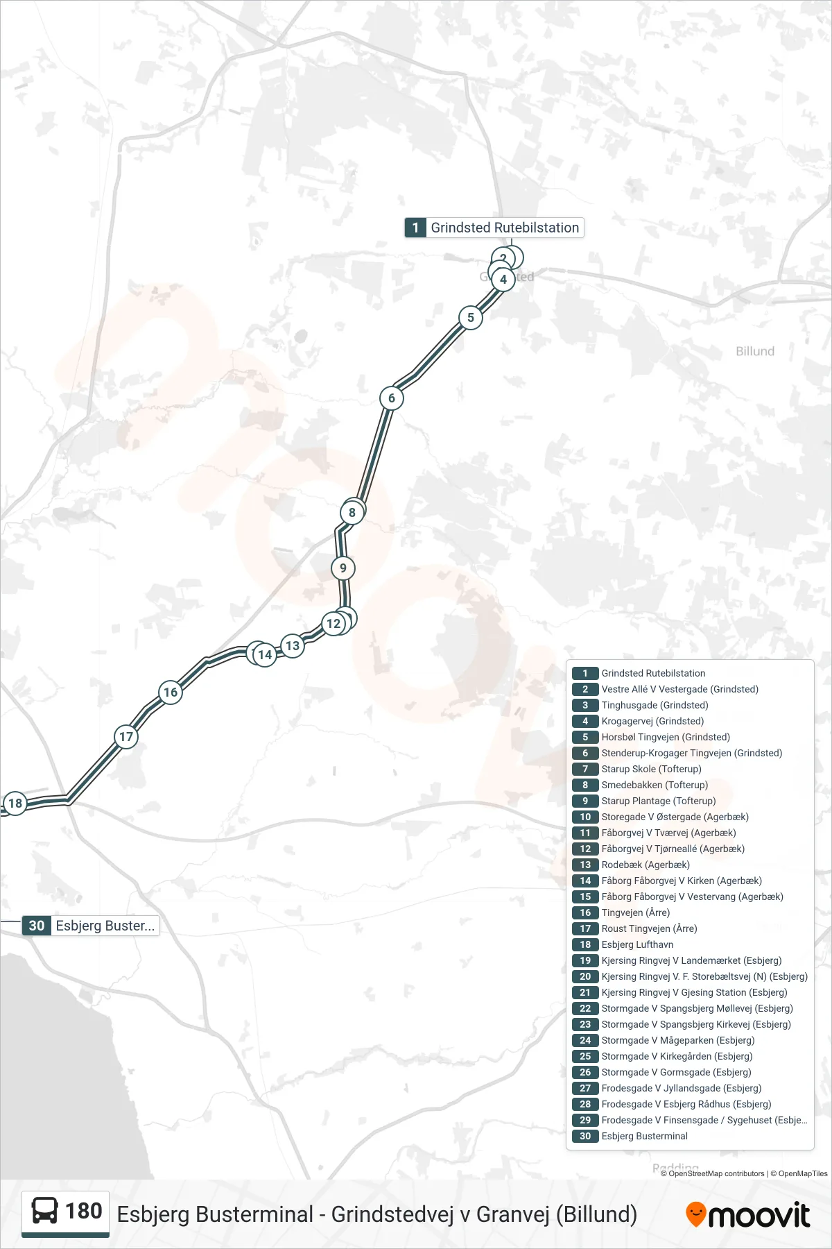 180 bus Linje (Esbjerg) rute og stop på et kort
