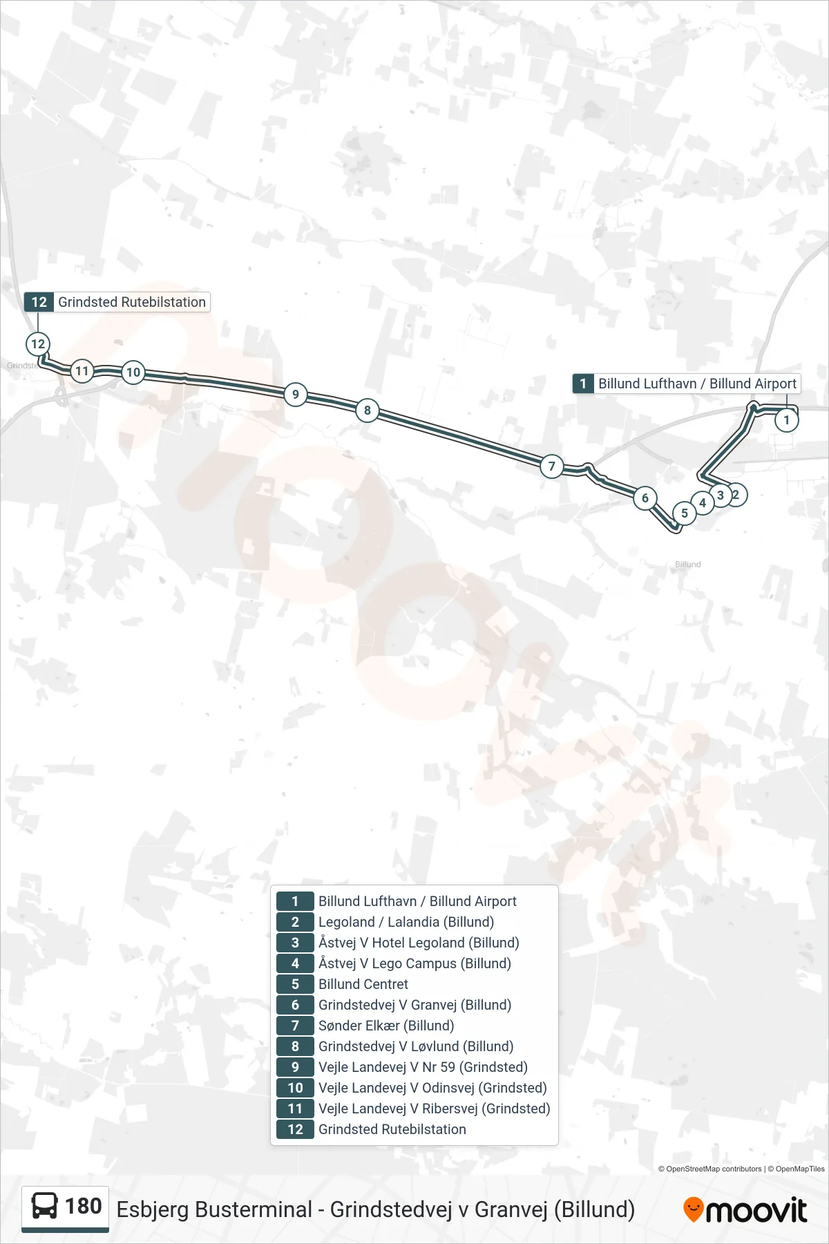 180 bus Linje (Grindsted Rutebilstation) rute og stop på et kort