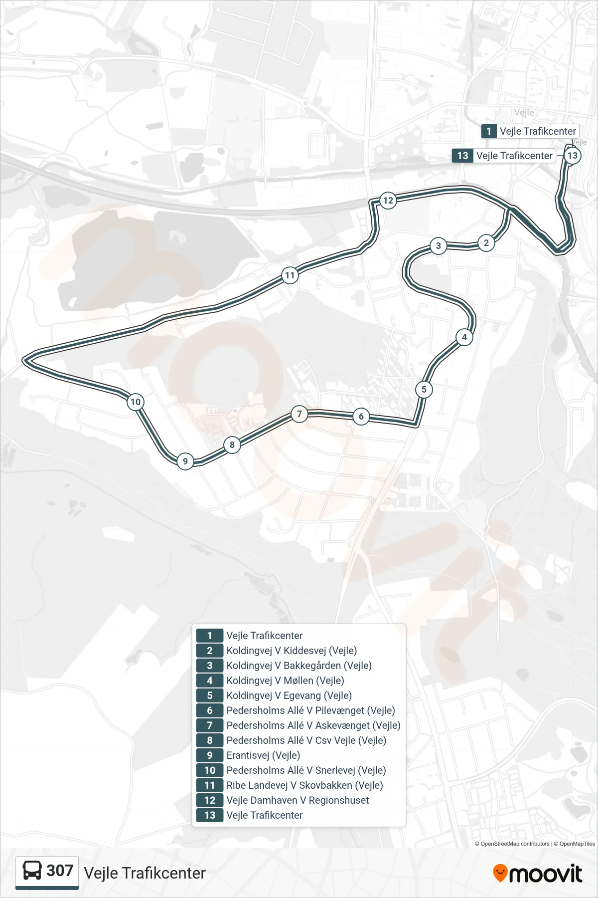 307 bus Linje (Vejle Trafikcenter) rute og stop på et kort