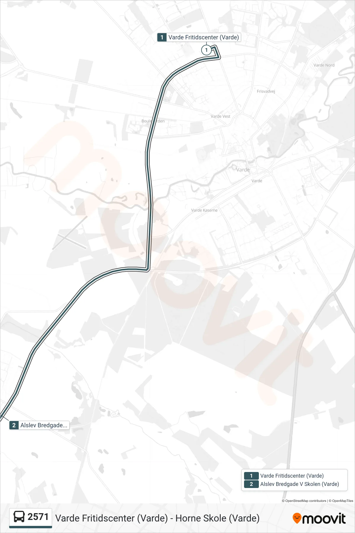 2571 bus Linje (Alslev Bredgade V Skolen (Varde)) rute og stop på et kort