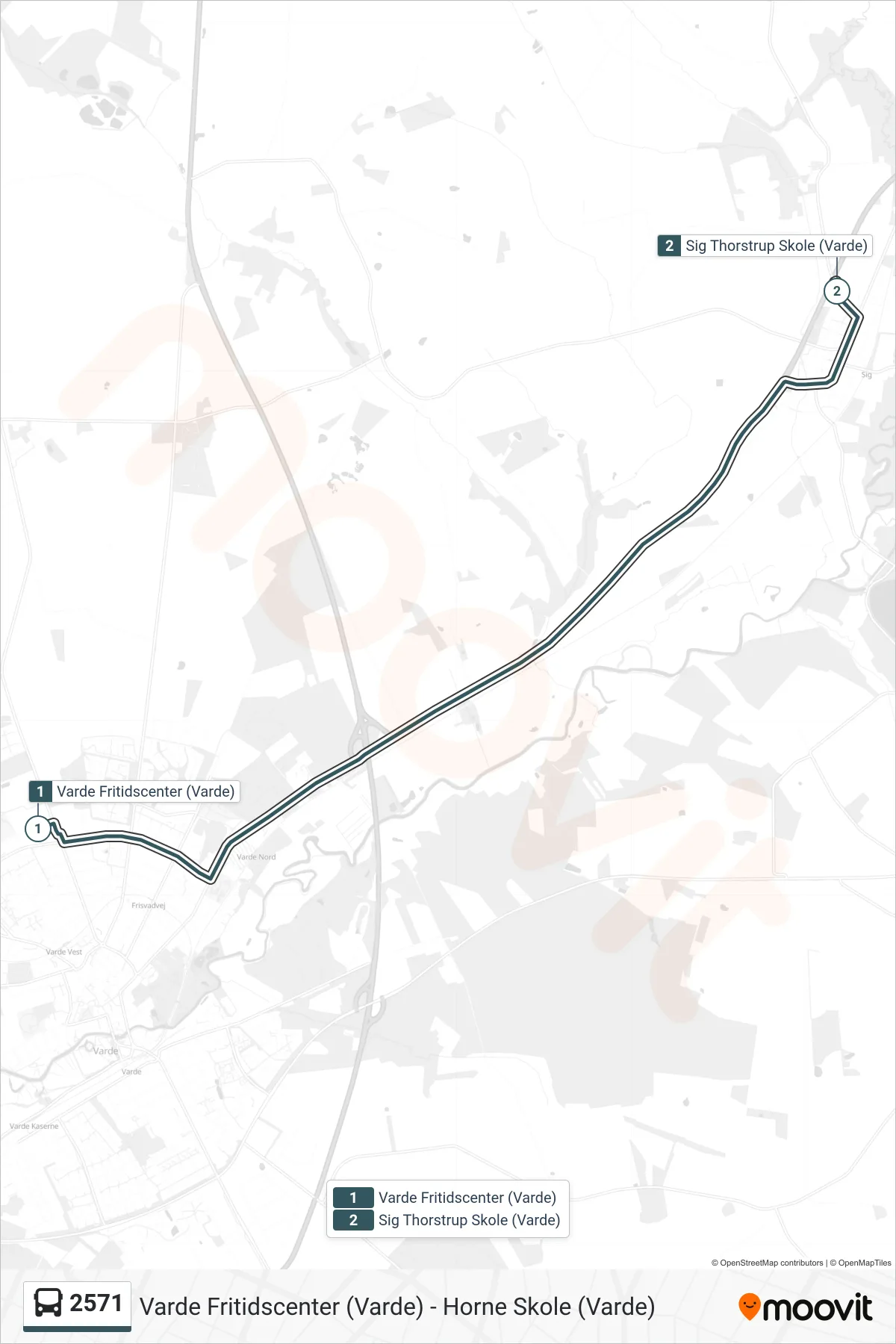 2571 bus Linje (Sig Thorstrup Skole (Varde)) rute og stop på et kort