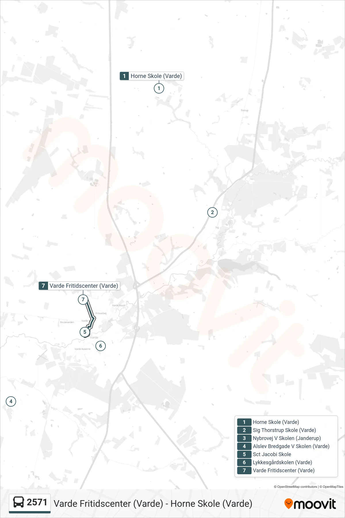 2571 bus Linje (Varde Fritidscenter (Varde)) rute og stop på et kort