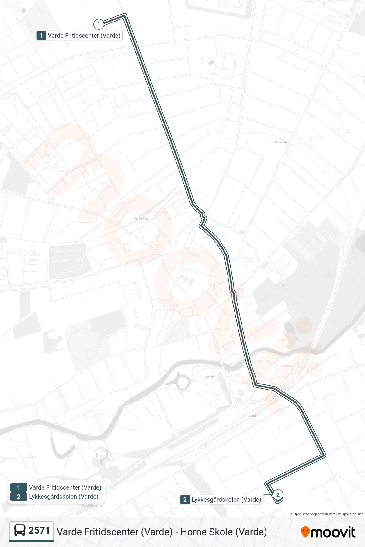 2571 bus Linje (Lykkesgårdskolen (Varde)) rute og stop på et kort