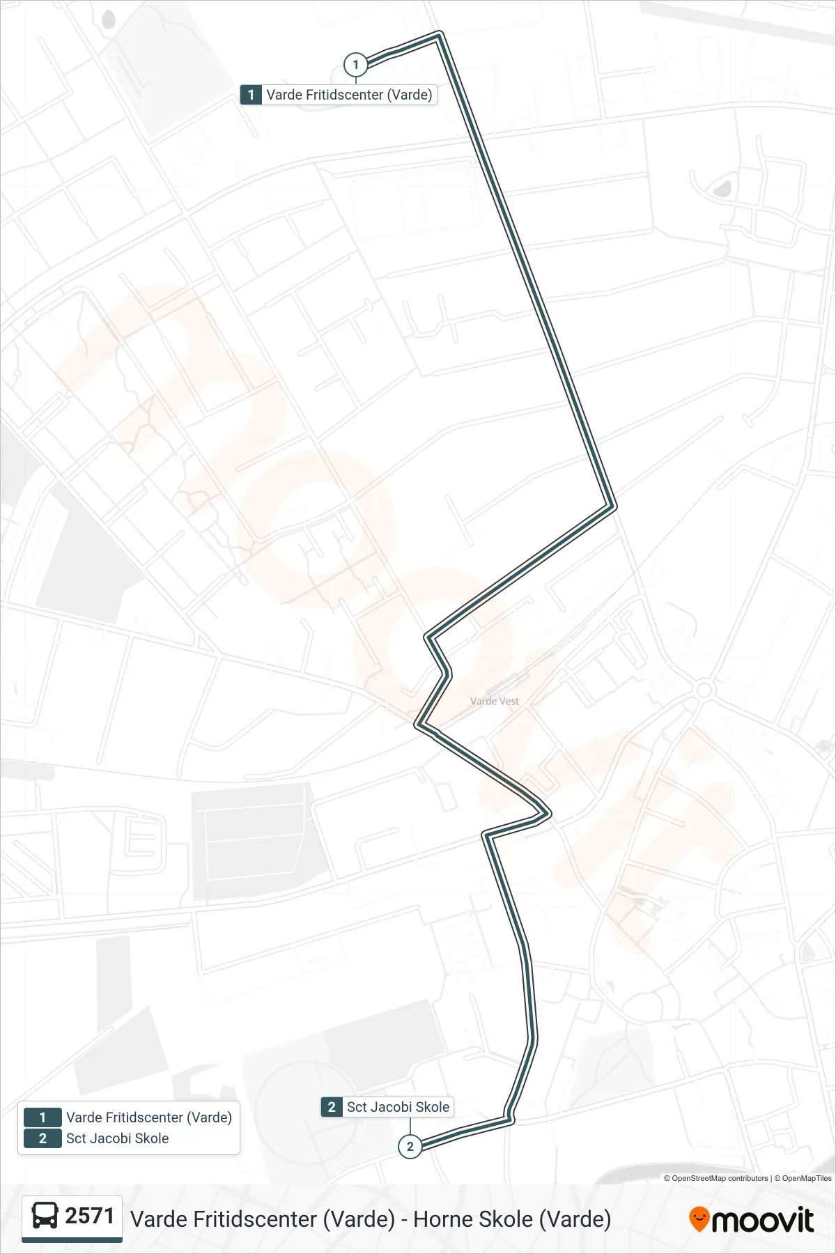 2571 bus Linje (Sct Jacobi Skole) rute og stop på et kort