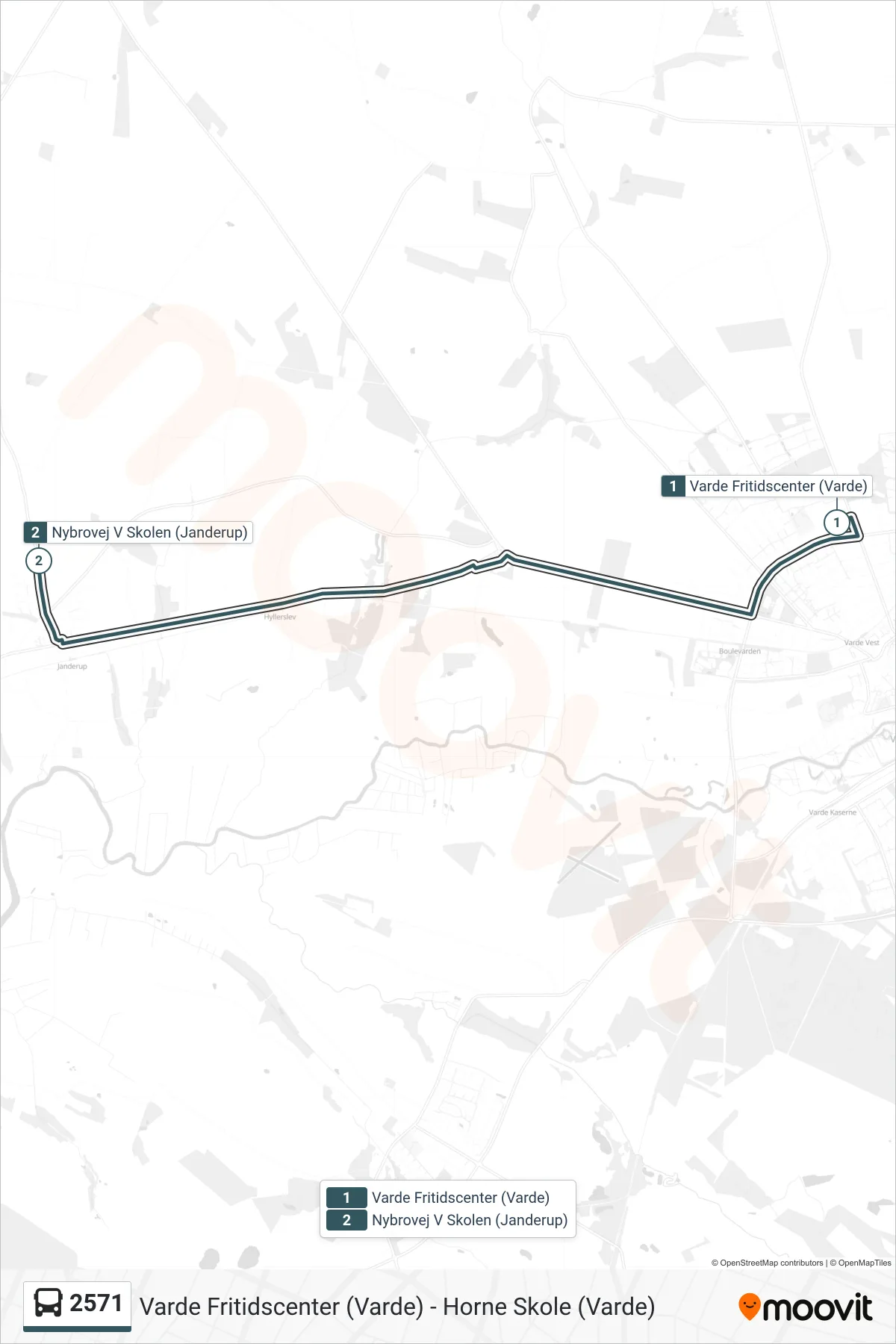 2571 bus Linje (Nybrovej V Skolen (Janderup)) rute og stop på et kort