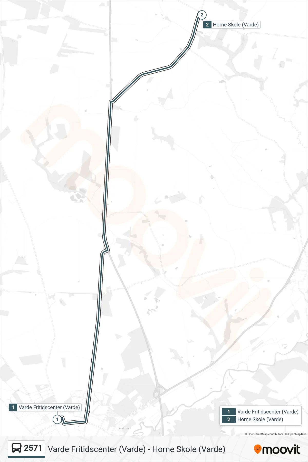 2571 bus Linje (Horne Skole (Varde)) rute og stop på et kort