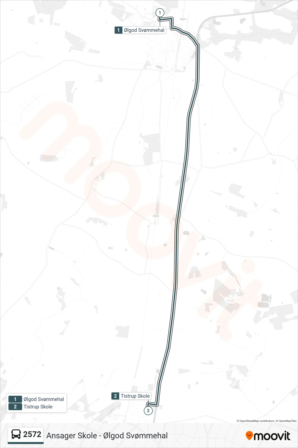 2572 bus Linje (Tistrup Skole) rute og stop på et kort