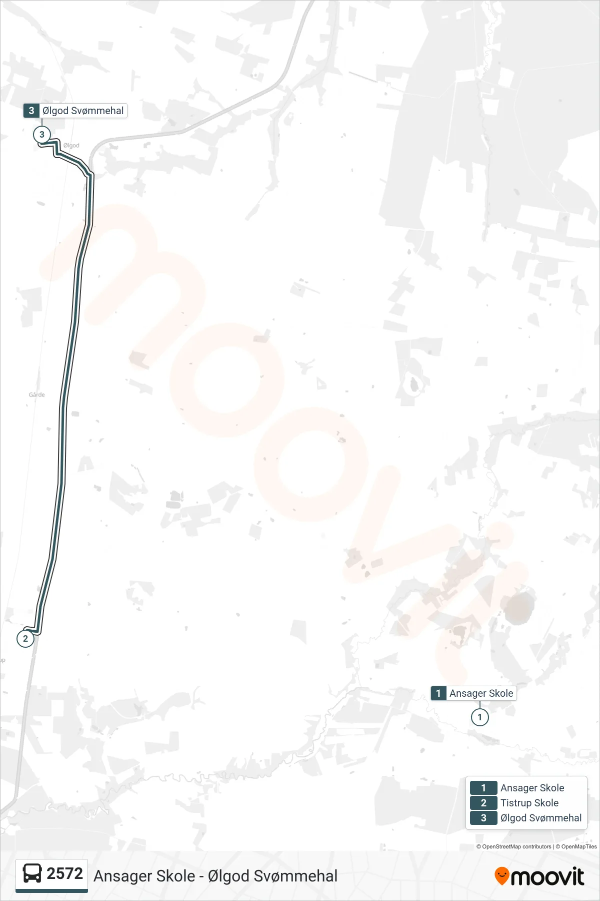 2572 bus Linje (Ølgod Svømmehal) rute og stop på et kort