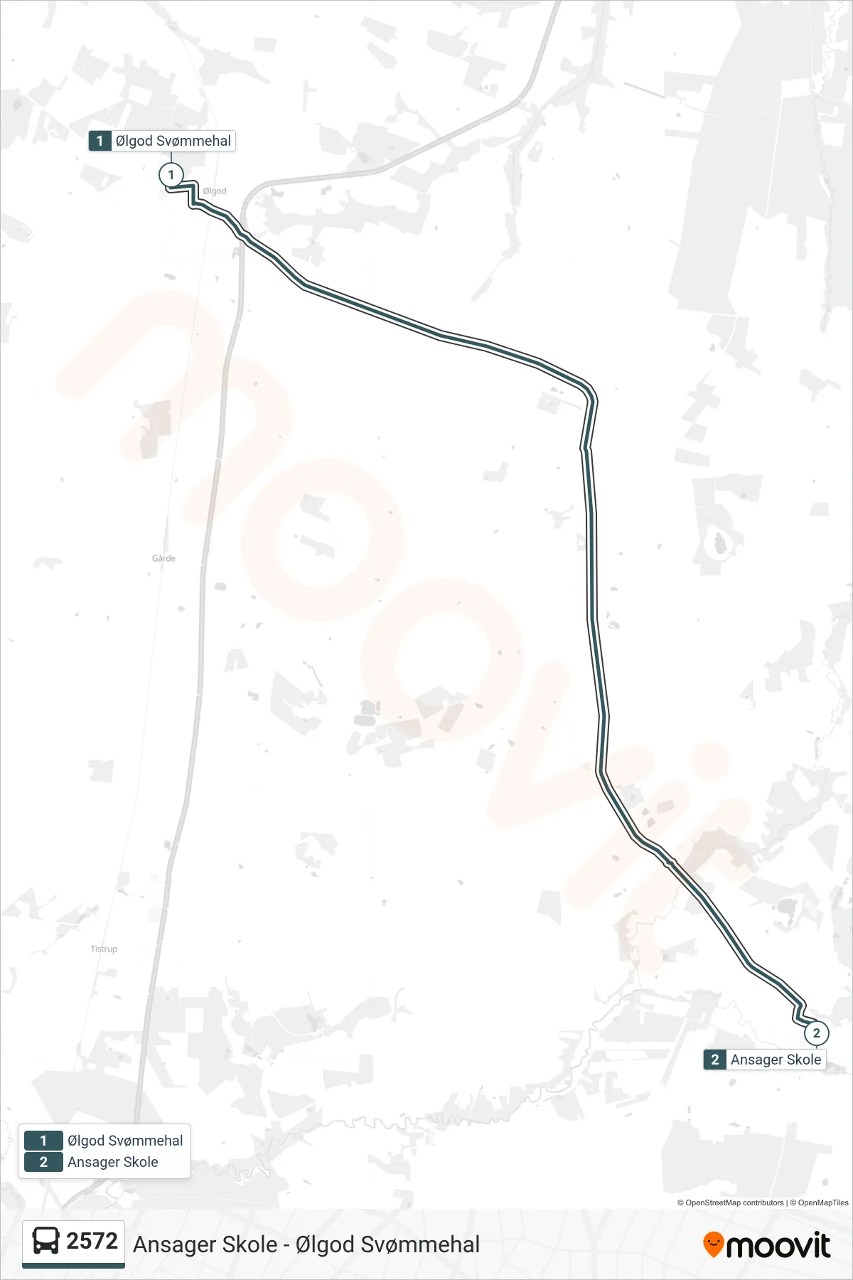2572 bus Linje (Ansager Skole) rute og stop på et kort