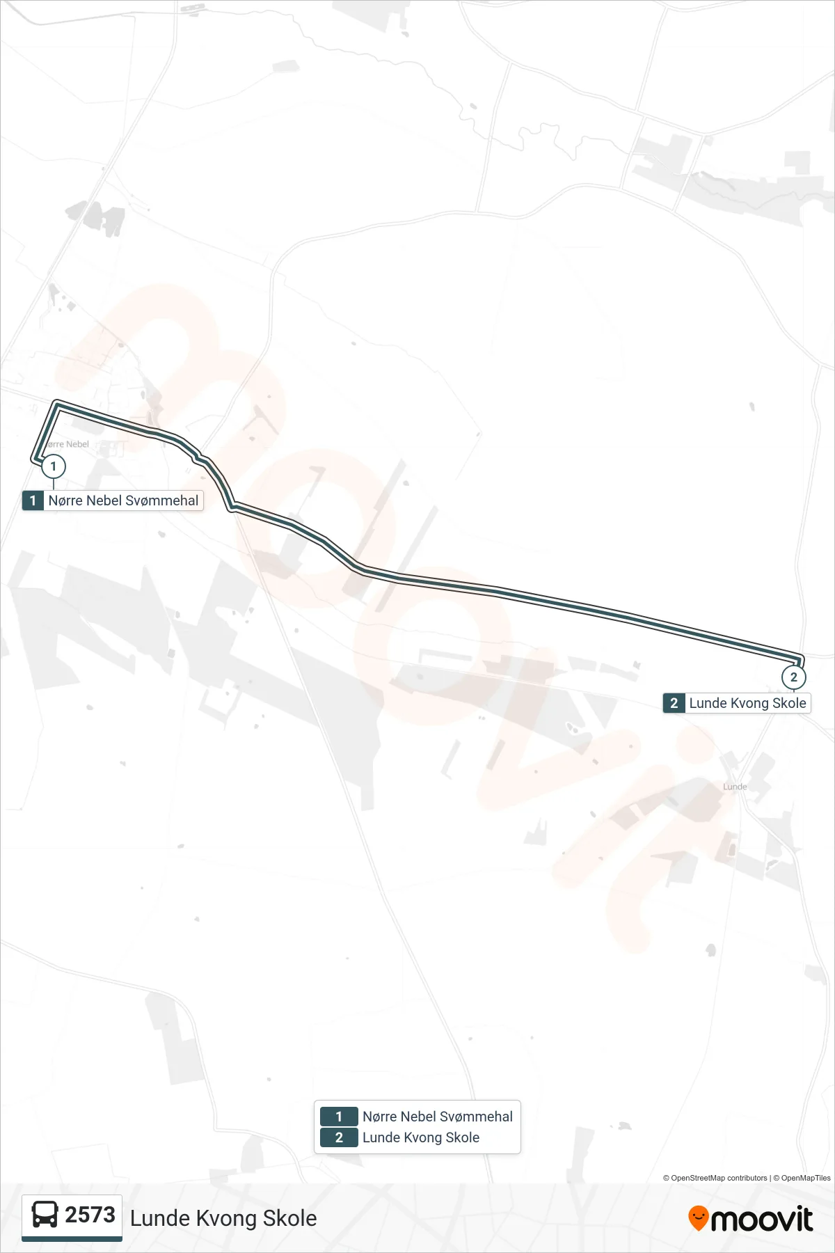2573 bus Linje (Lunde Kvong Skole) rute og stop på et kort