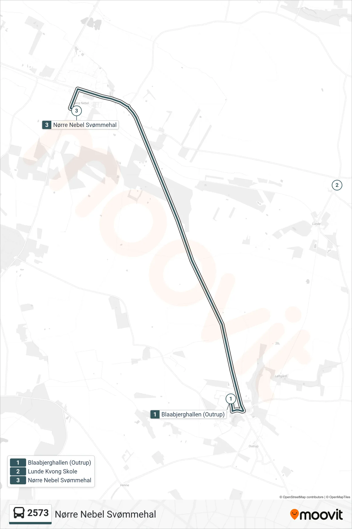 2573 bus Linje (Nørre Nebel Svømmehal) rute og stop på et kort