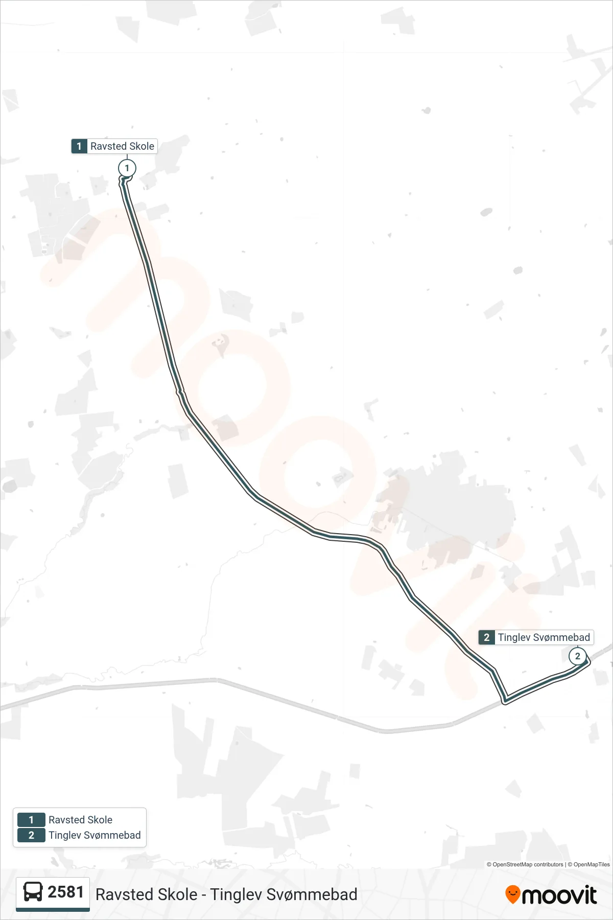 2581 bus Linje (Tinglev Svømmebad) rute og stop på et kort