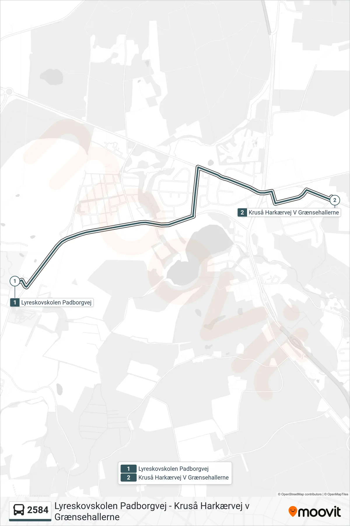 2584 bus Linje (Kruså Harkærvej V Grænsehallerne) rute og stop på et kort