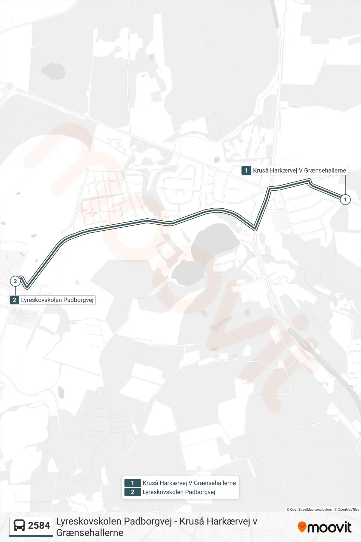 2584 bus Linje (Lyreskovskolen Padborgvej) rute og stop på et kort