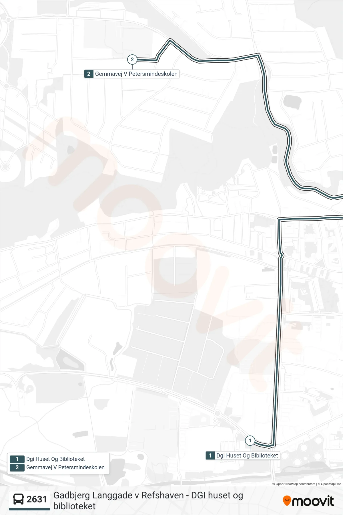 2631 bus Linje (Gemmavej V Petersmindeskolen) rute og stop på et kort