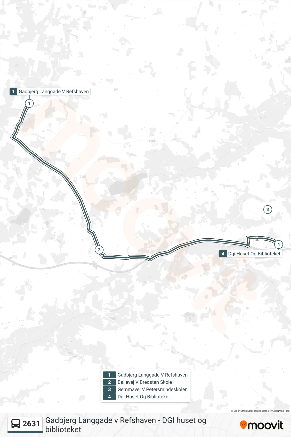 2631 bus Linje (Dgi Huset Og Biblioteket) rute og stop på et kort