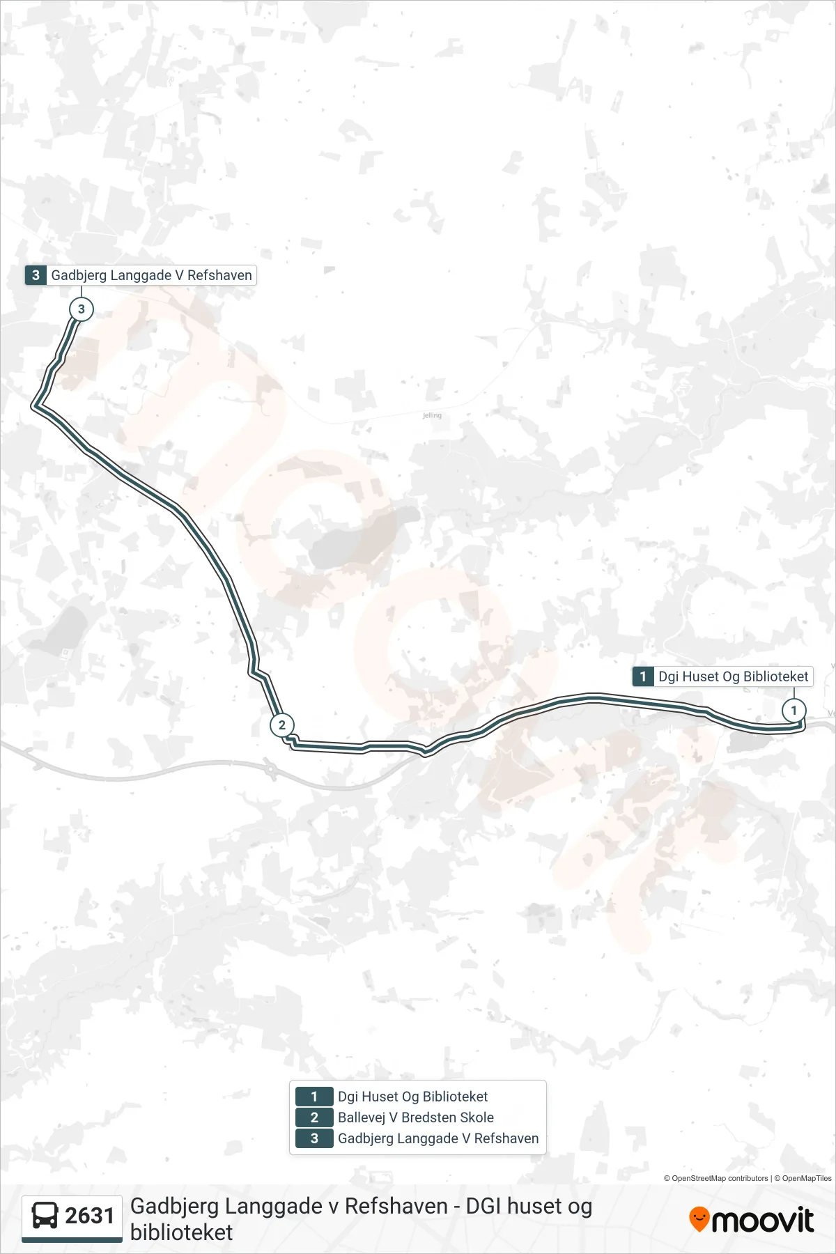 2631 bus Linje (Gadbjerg Langgade V Refshaven) rute og stop på et kort