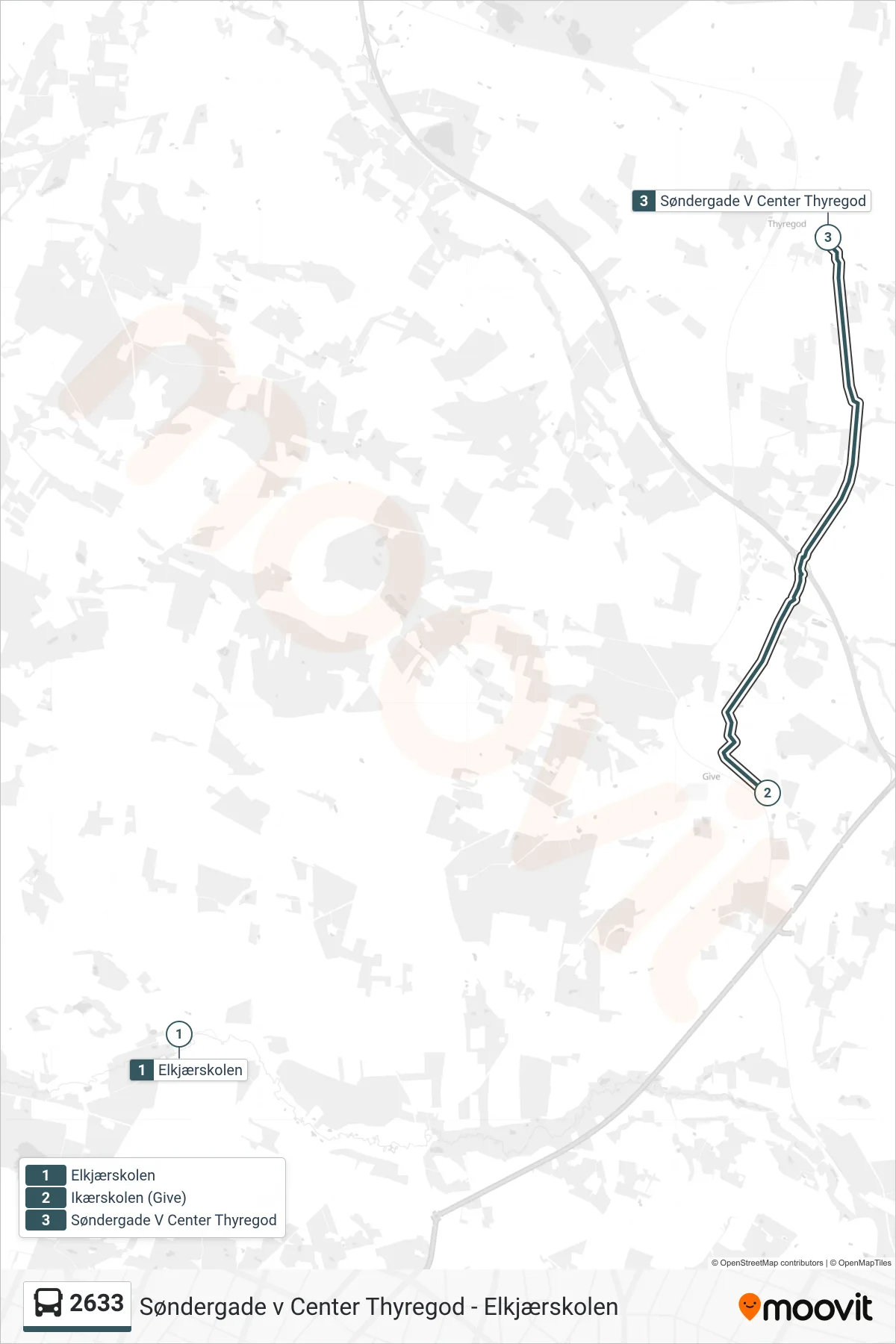 2633 bus Linje (Søndergade V Center Thyregod) rute og stop på et kort