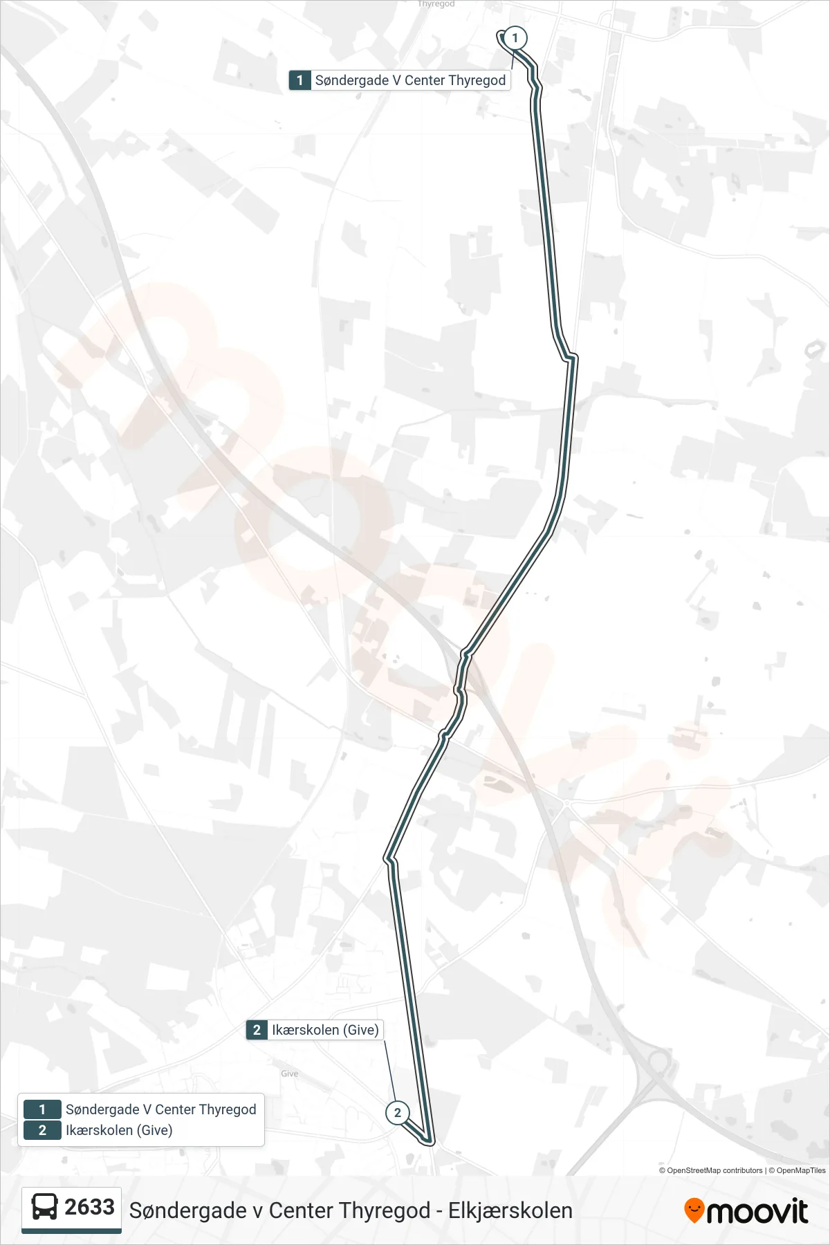 2633 bus Linje (Ikærskolen (Give)) rute og stop på et kort