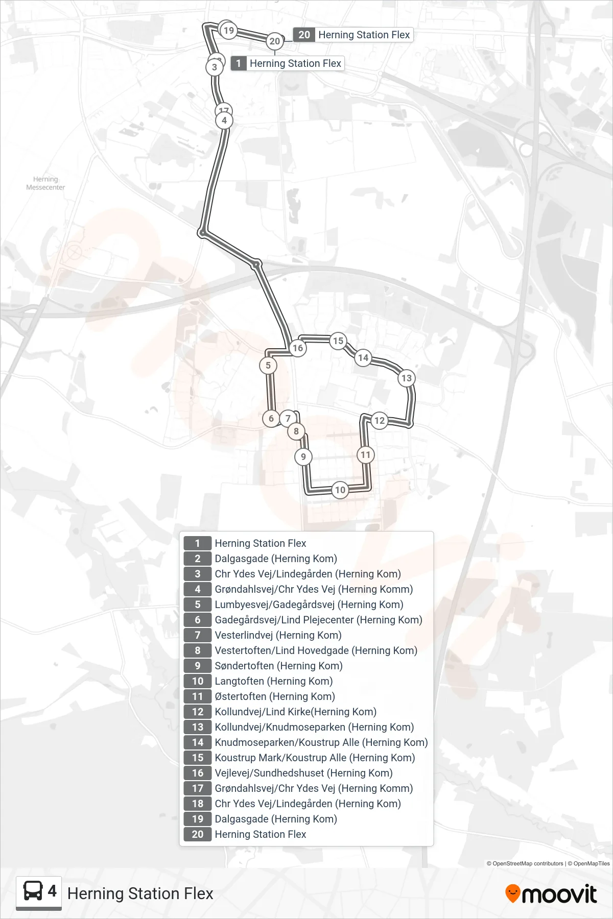 4 bus Linje (Herning Station Flex) rute og stop på et kort