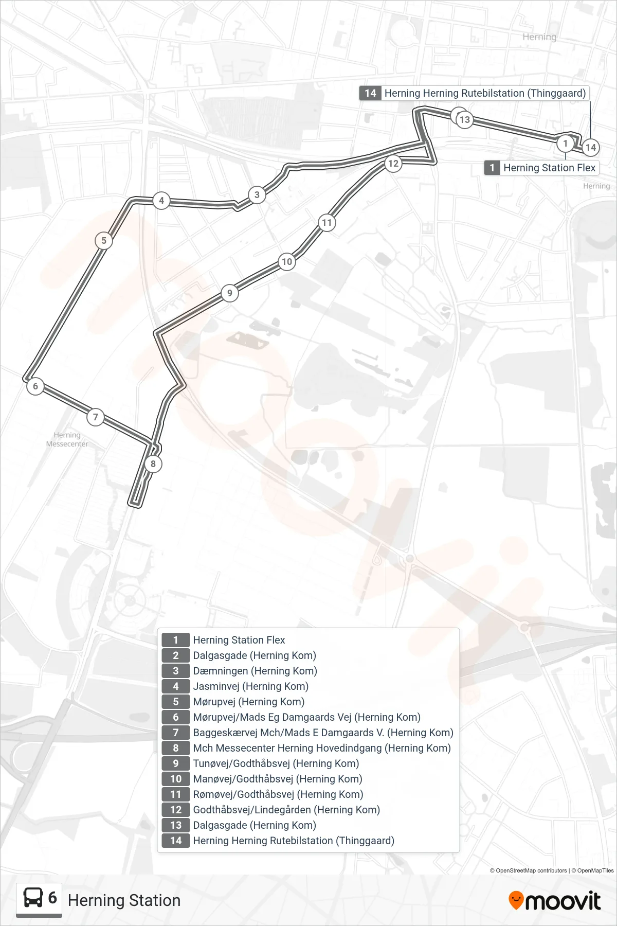 6 bus Linje (Herning Station) rute og stop på et kort