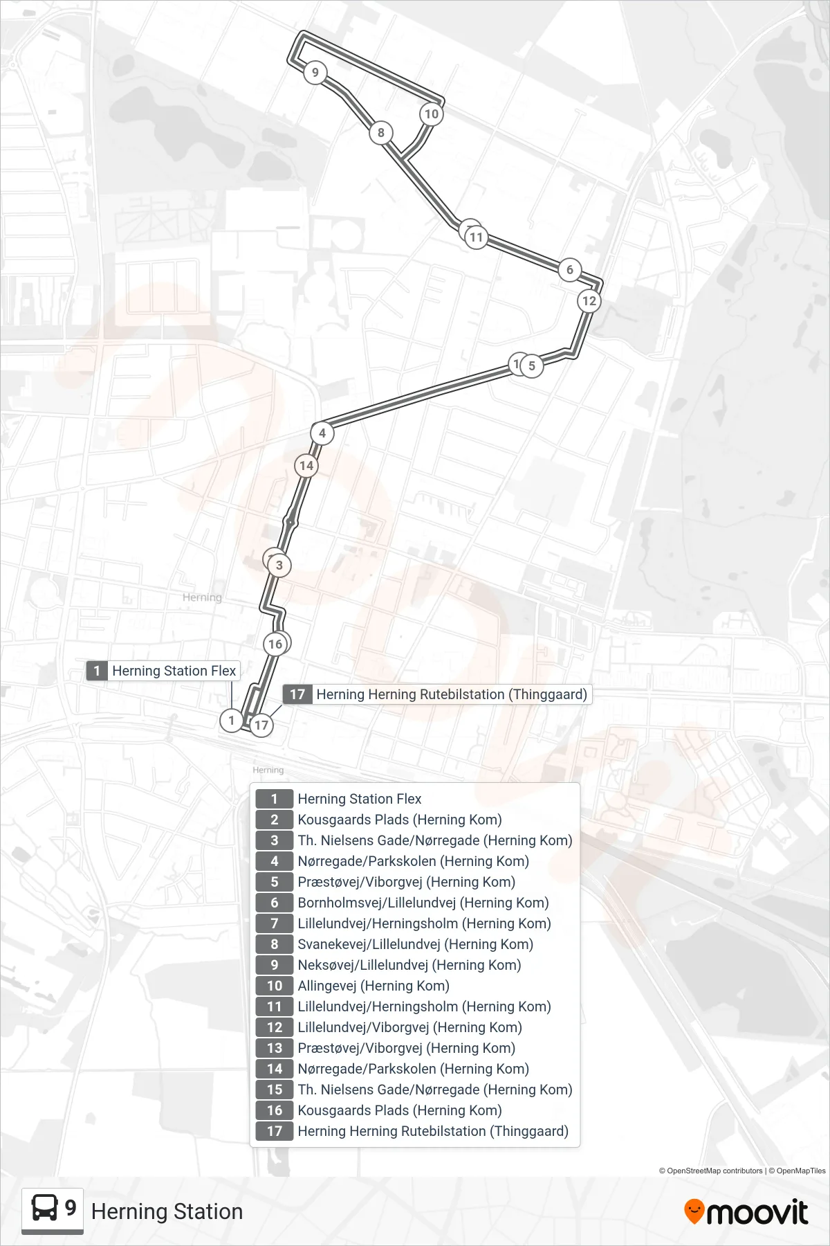 9 bus Linje (Herning Station) rute og stop på et kort