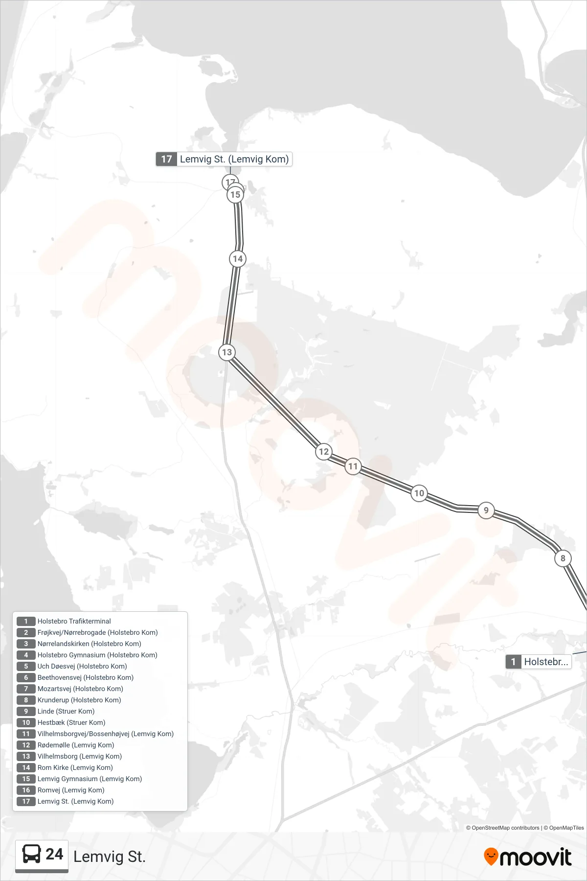 24 bus Linje (Lemvig St.) rute og stop på et kort