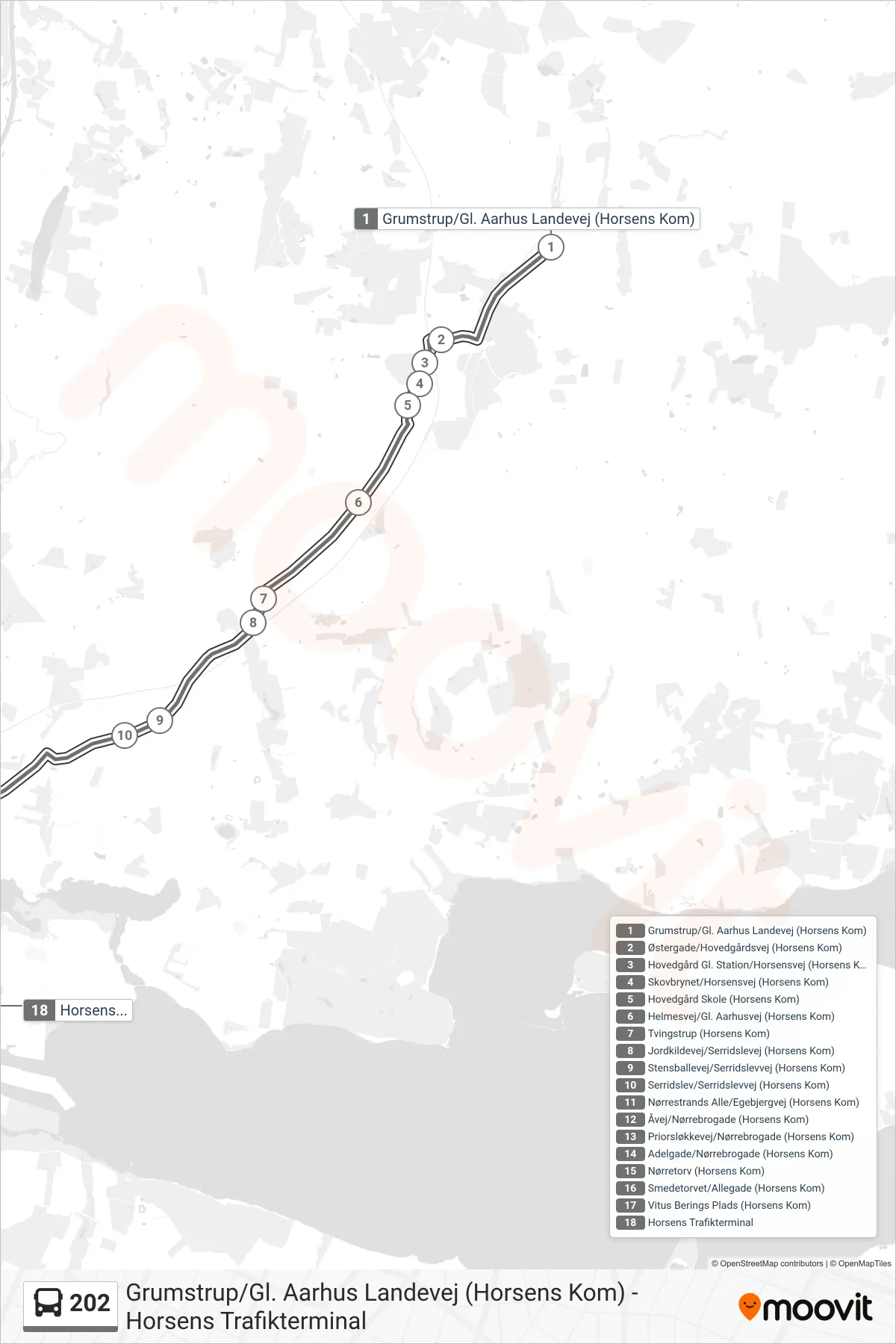 202 bus Linje (Horsens Trafikterminal) rute og stop på et kort