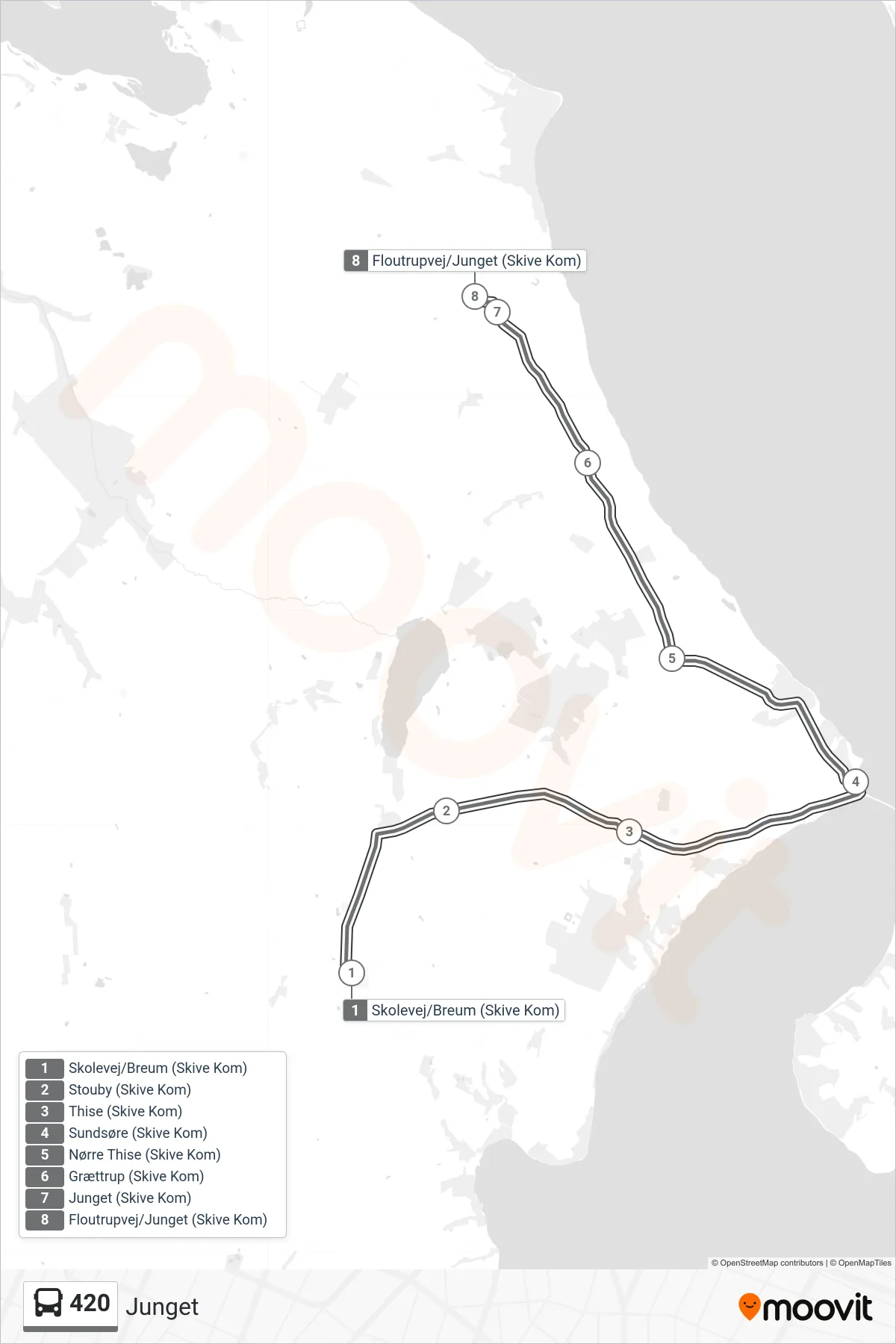 420 bus Linje (Junget) rute og stop på et kort