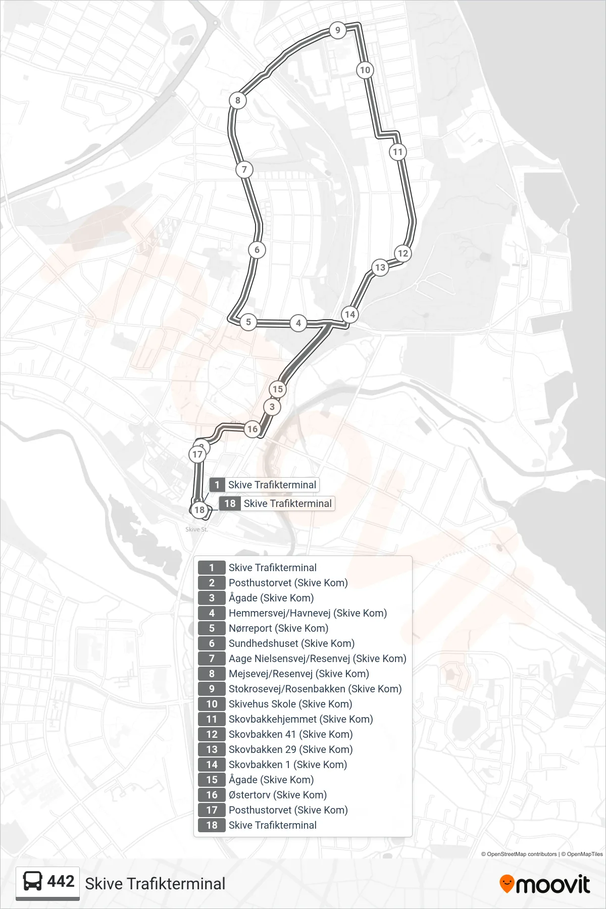 442 bus Linje (Skive Trafikterminal) rute og stop på et kort