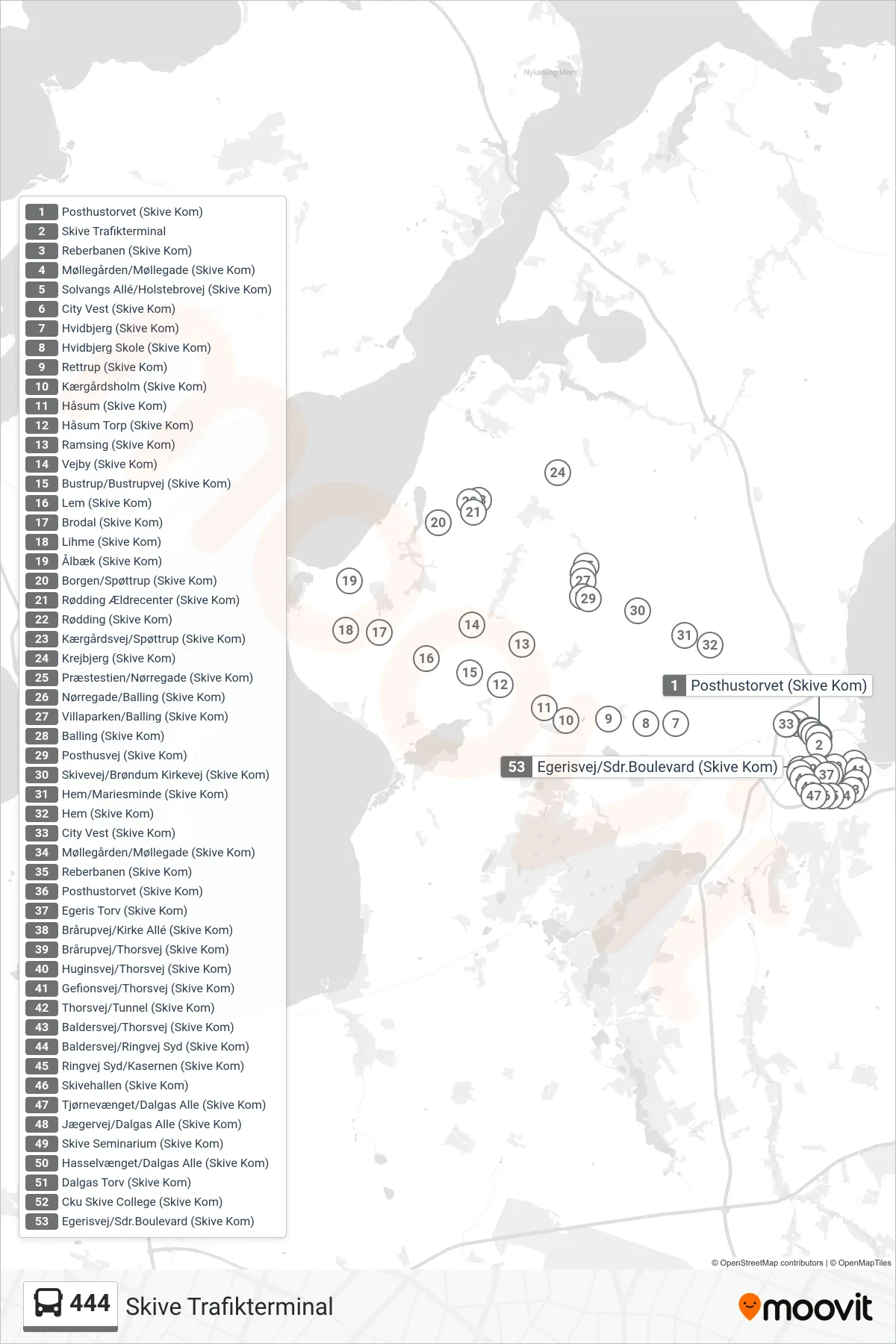 444 bus Linje (Skive Trafikterminal) rute og stop på et kort