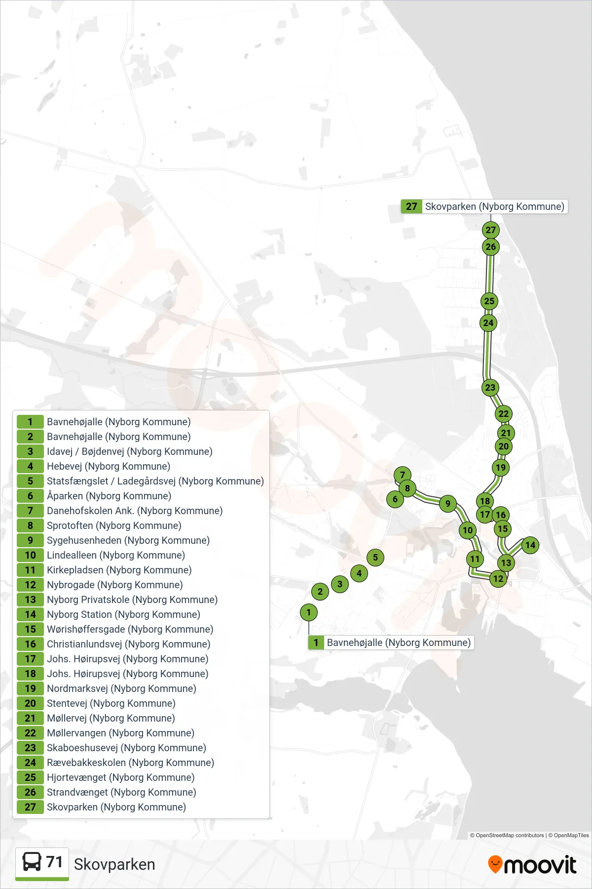 71 bus Linje (Skovparken) rute og stop på et kort