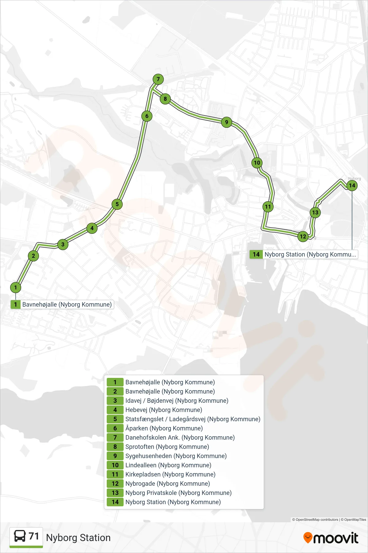 71 bus Linje (Nyborg Station) rute og stop på et kort